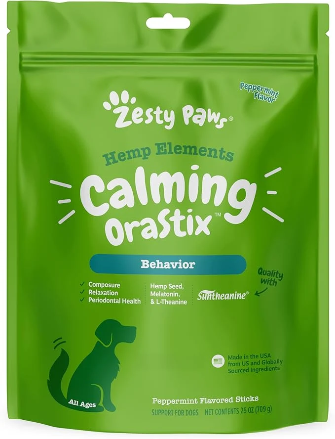 Refined Zesty Paws OraStix for Dogs - Calming Dental Sticks for Stress with Hemp Melatonin Chamomile Dog Healthy Teeth and Gums Calm Composure for Fireworks and Thunderstorms - 25ozAbout This Secure
