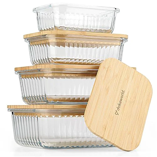 Pure Ribbed Glass 4 Stackable Meal Prep Containers with Bamboo Lids Eco-Friendly