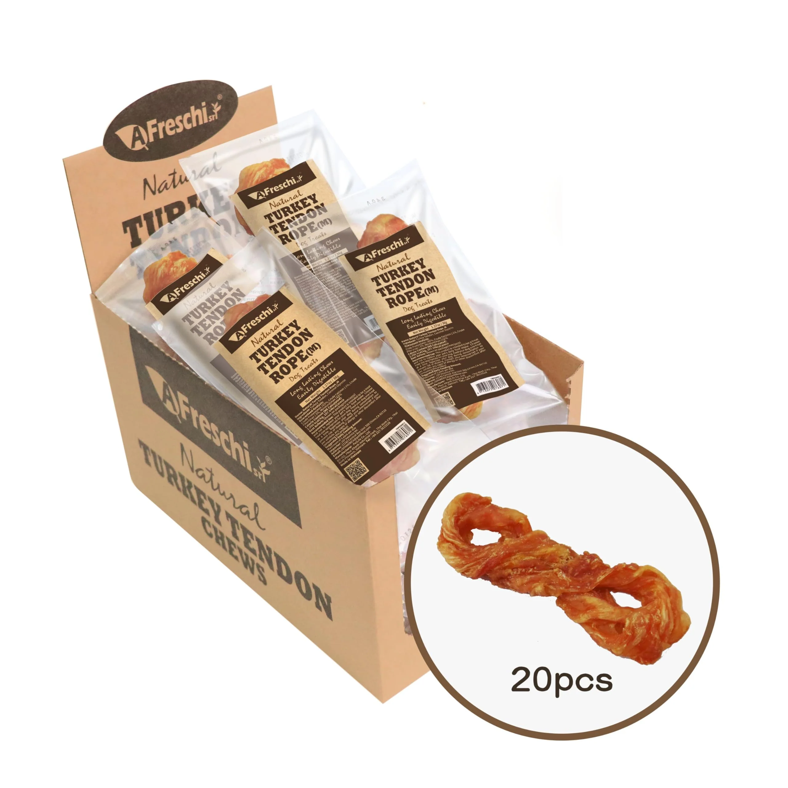 Prestigious AFreschi Turkey Tendons for Dogs — USA-Sourced Hypoallergenic Long-Lasting Chews Medium 20 Count High-Performance
