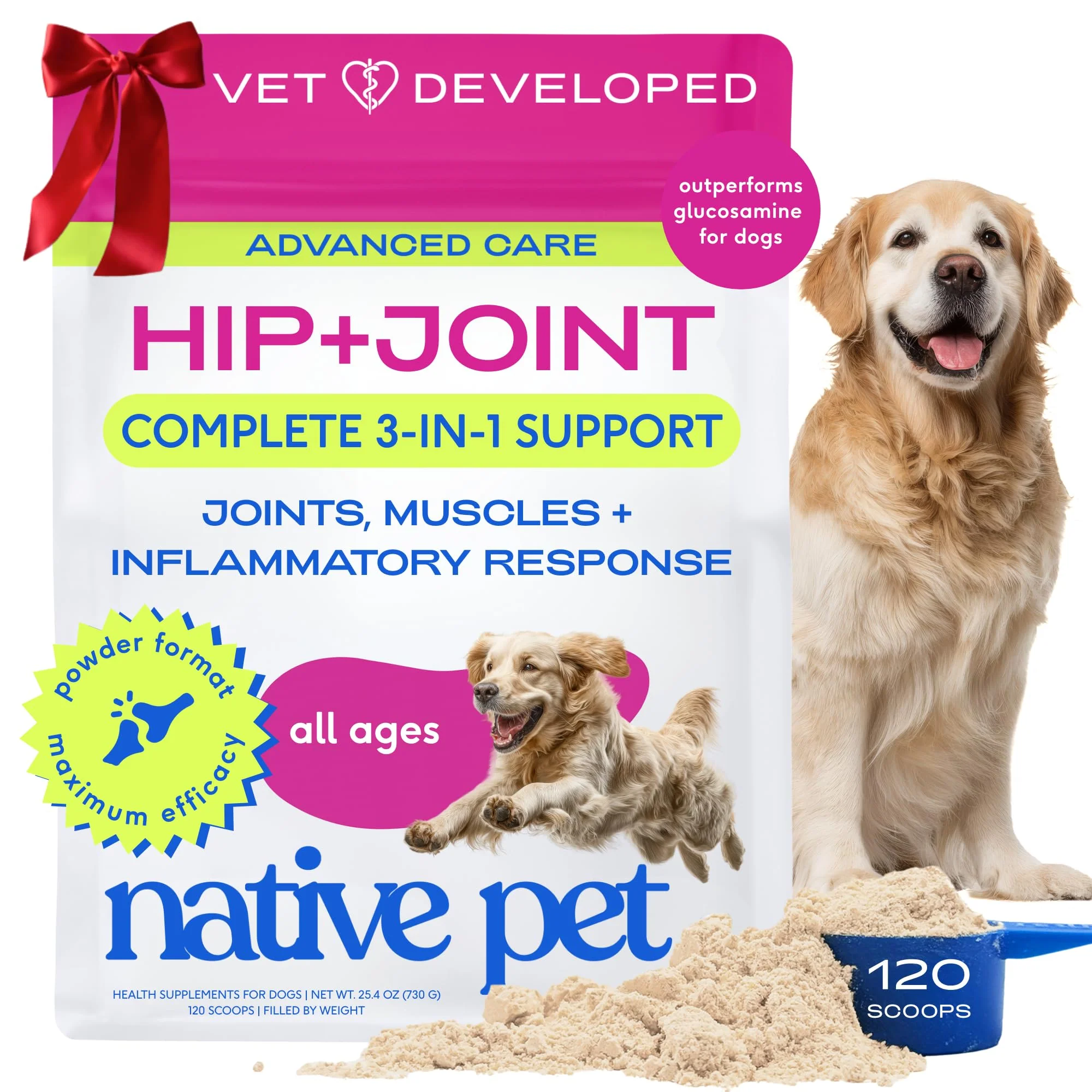 Minimalist Native Pet Advanced Care Hip Joint Supplement for Dogs – HMB UC-II Green Lip Mussel Hyaluronic Acid 120 Scoops Smooth
