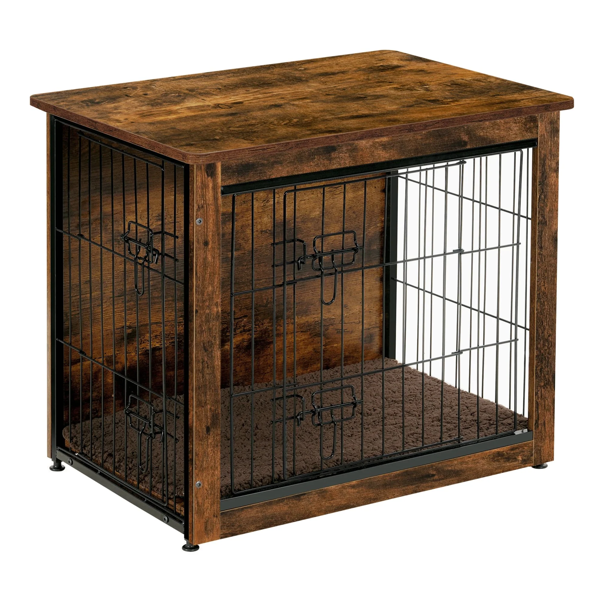 High-Grade Dwanton Dog Crate Furniture with Cushion – Wooden Kennel Table with Double Doors Rustic Brown Fine