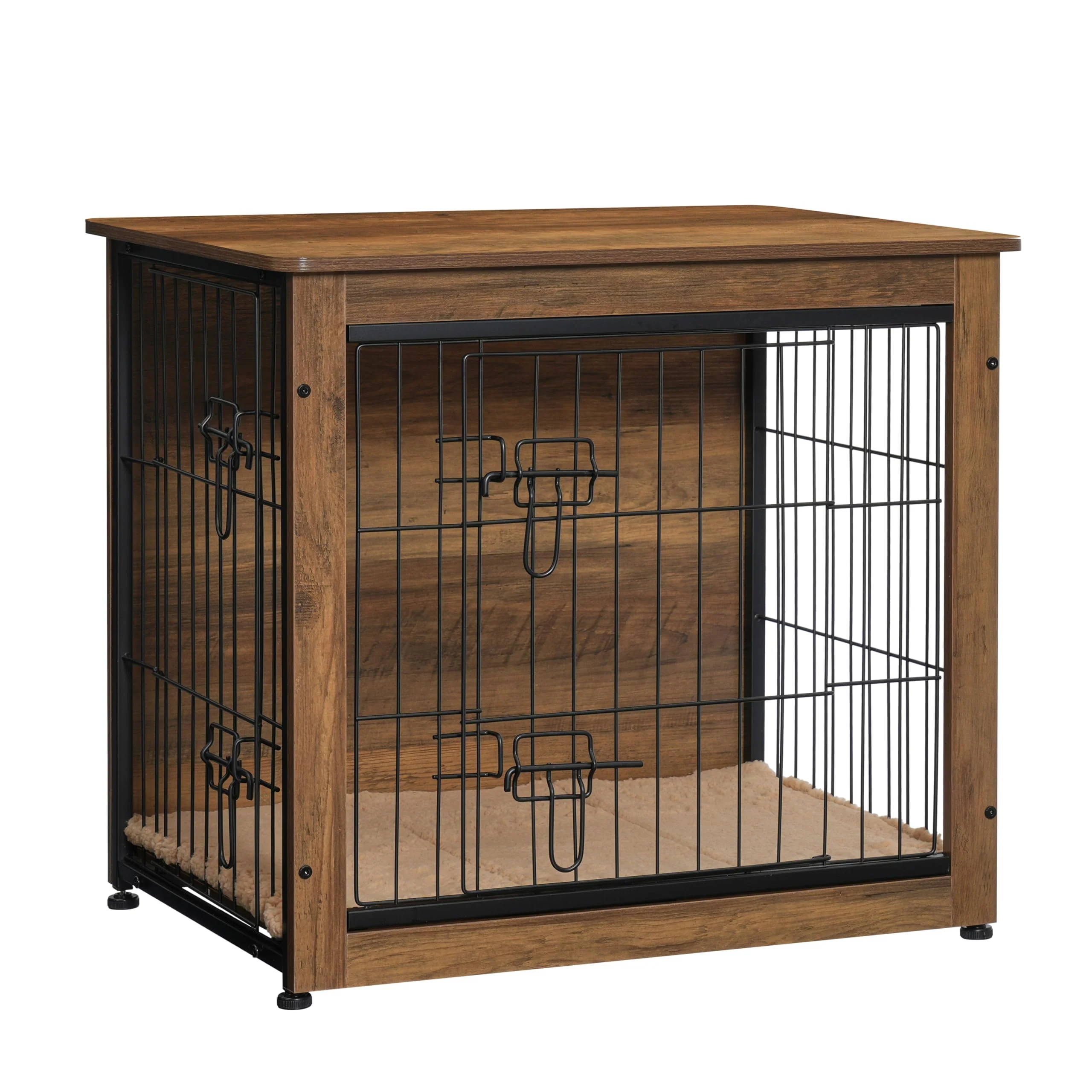 Natural DWANTON Dog Crate Furniture with Cushion — Wooden Kennel Table with Double Doors Indoor Dog House 27.2 L Warm Brown Verified