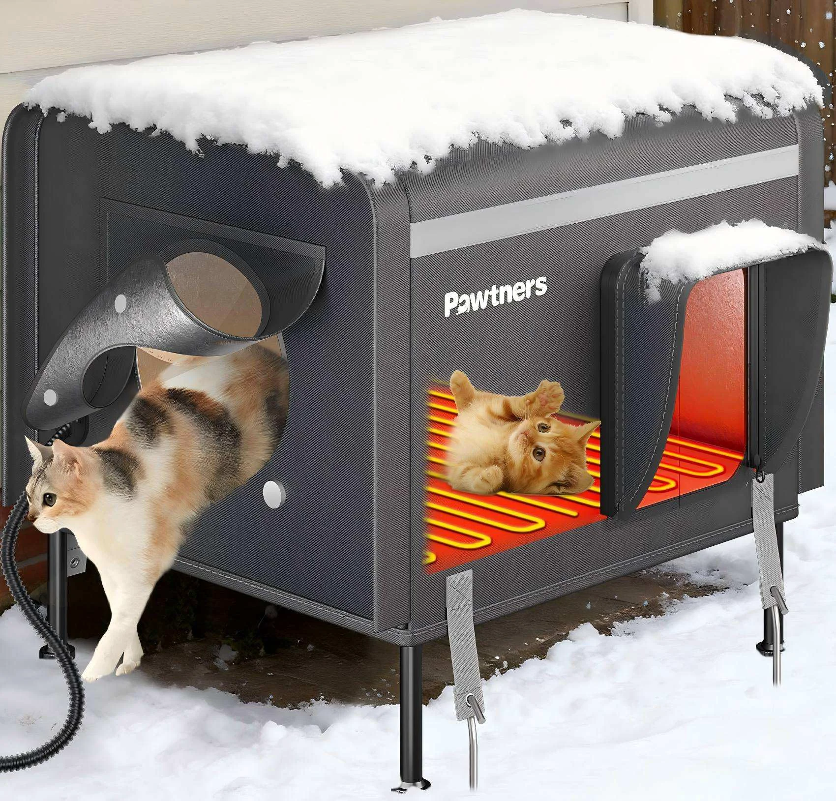 Optimized Pawtners Heated Outdoor Cat House – 19'' Insulated Weatherproof Shelter with Heated Pad Elite