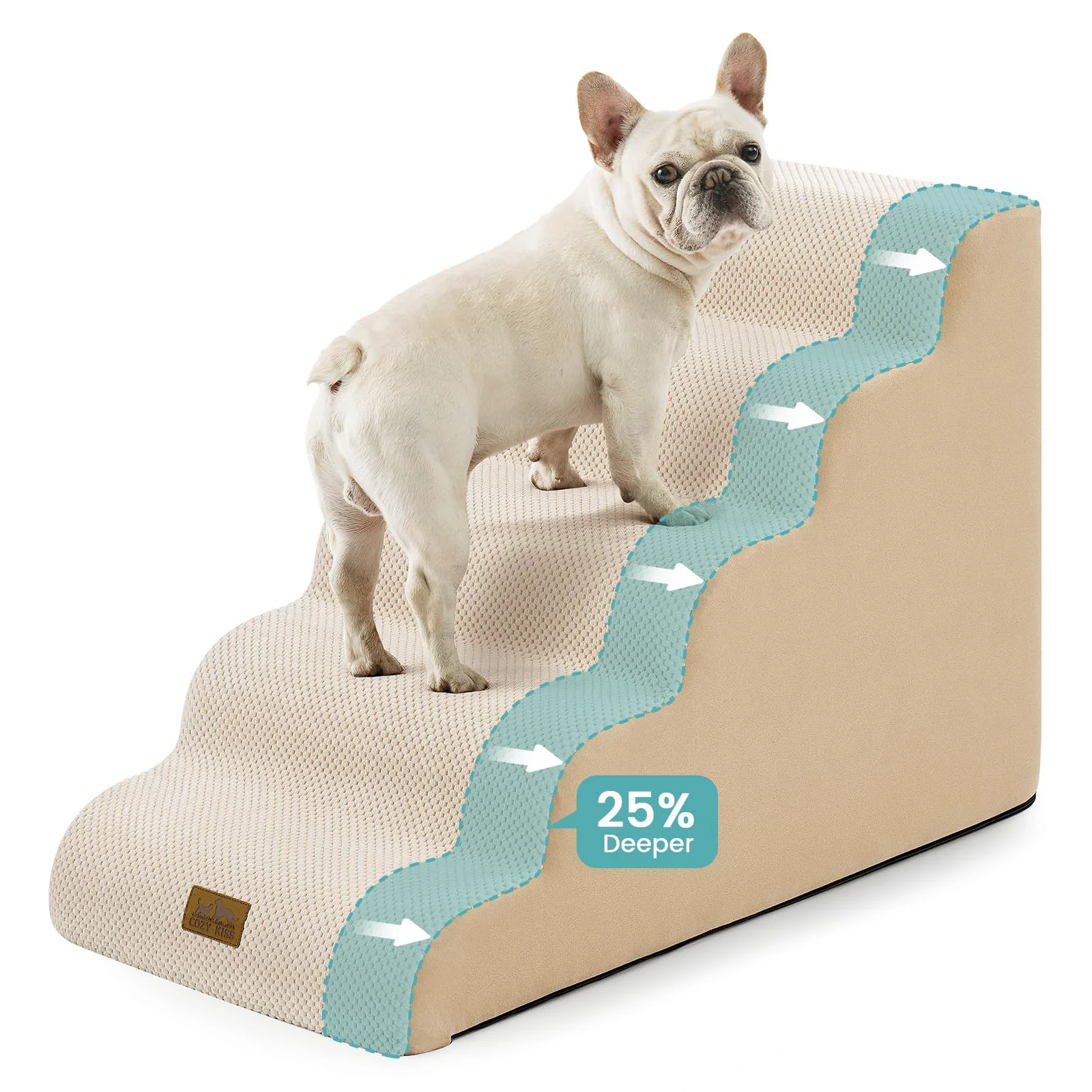 Reusable COZY KISS Extra Wide Dog Stairs – 5 Step Foam Ramp 19.7in Wide Beige for Bed Sofa Car Quality