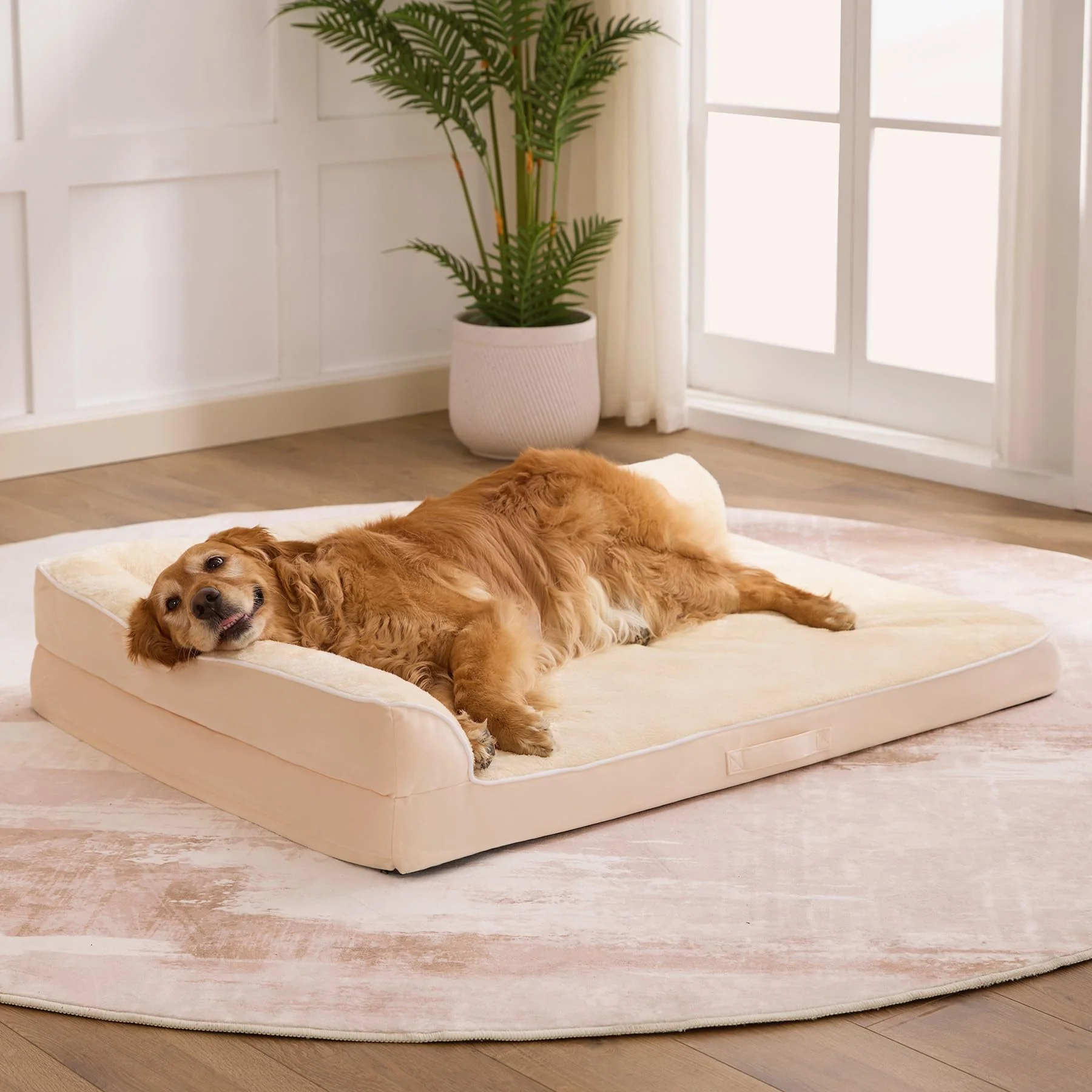 Fine Aeroluxe Large Orthopedic Dog Bed 42x30x7.5 - Waterproof Washable Cover L-Shaped Couch Beige First-Class