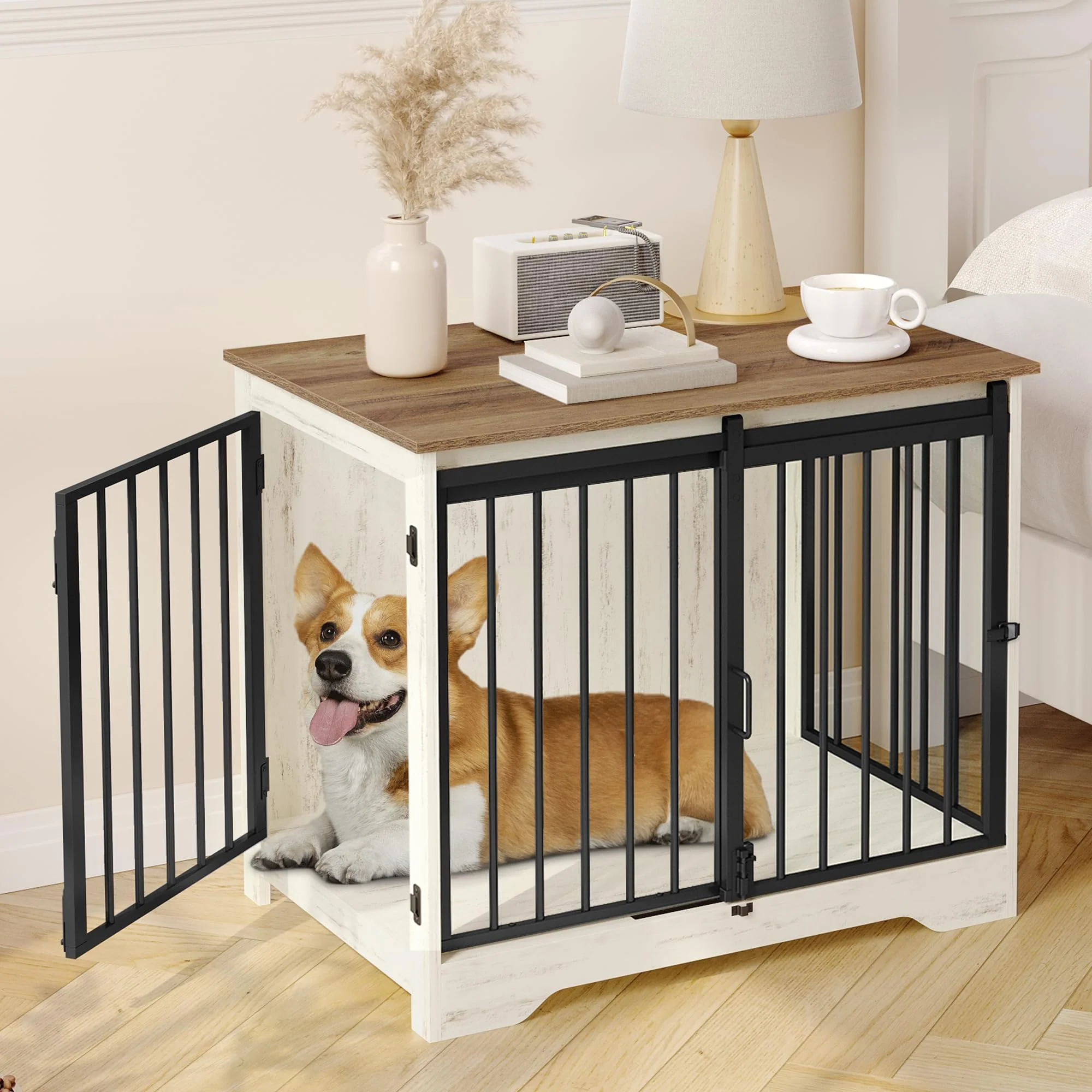 Fast Hzuaneri 31.9-inch Dog Crate Furniture with Barn Door — Heavy-Duty Indoor Kennel 2 Doors Anti-Chew Up to 44 lb User-Friendly