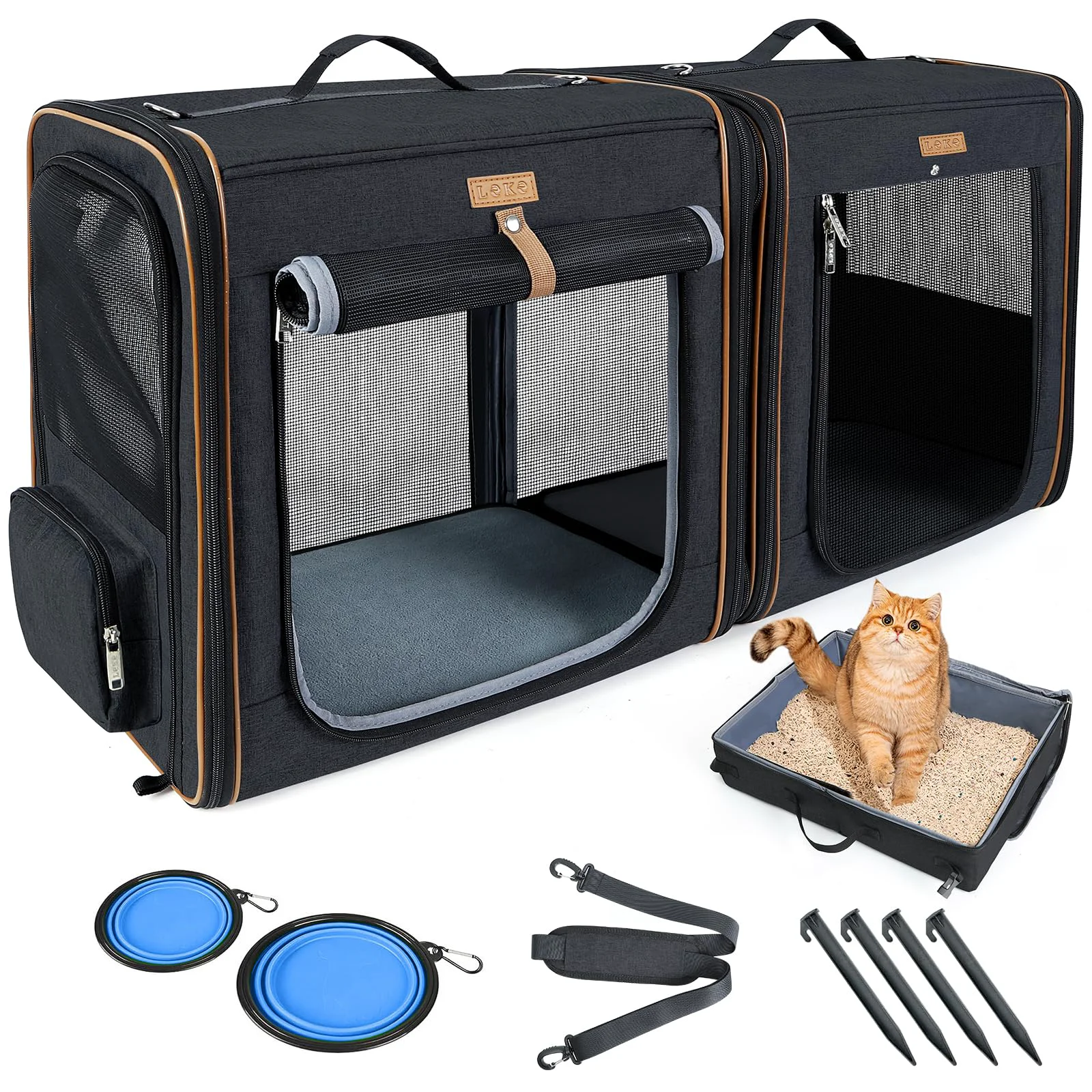Excellent Lekereise 2-in-1 Cat Travel Carrier with Litter Box — Large 35 lb Black Zipper Locks Durable