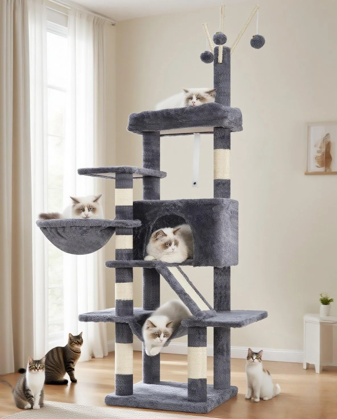 Fine Crafted Gitelsnour Cat Tree Multi-Level Indoor Cat Tower with Scratching Post Hammock - Smoky Gray GCT011G Minimalist