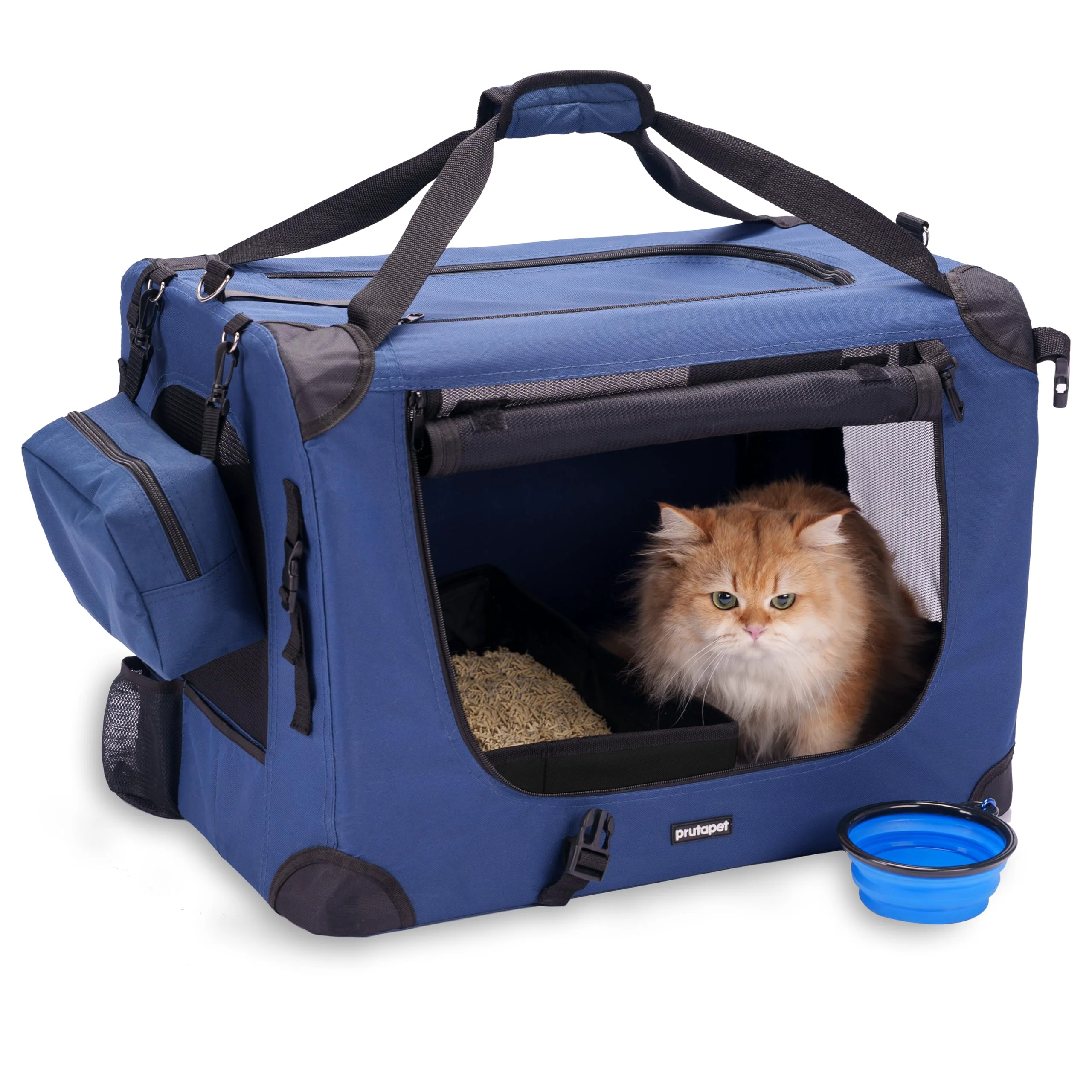 Optimized Prutapet Large Cat Carrier 24x16.5x16.5 Soft-Sided Travel Crate with Foldable Litter Box Bowls Lightweight