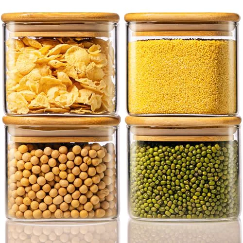 Flexible 21 oz Square Glass Food Storage Containers with Airtight Bamboo Lids 4 Count Responsible