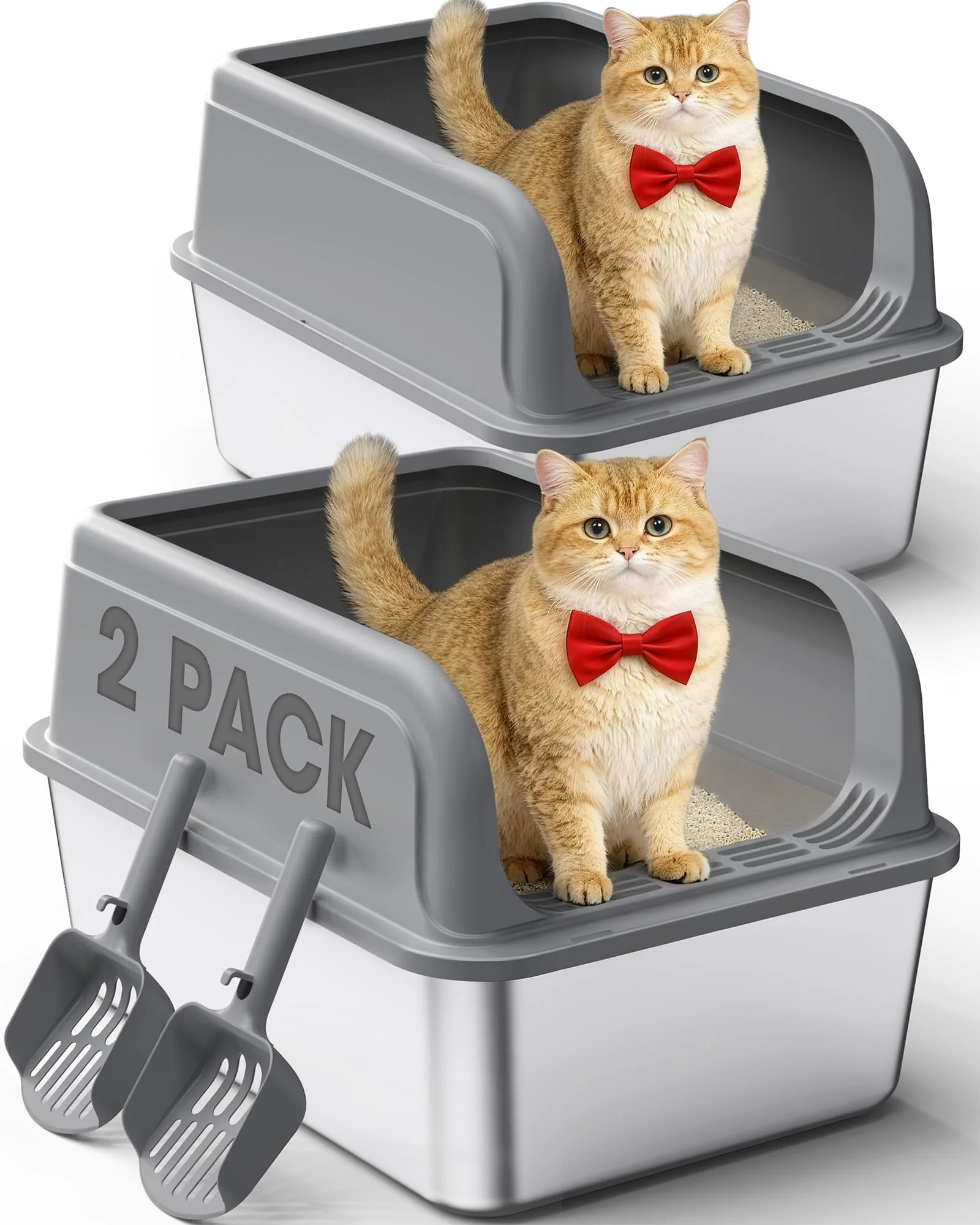 Modern Powools 2-Pack Stainless Steel Cat Litter Box – Leakproof Non-Stick Easy-to-Clean Grey Large Certified