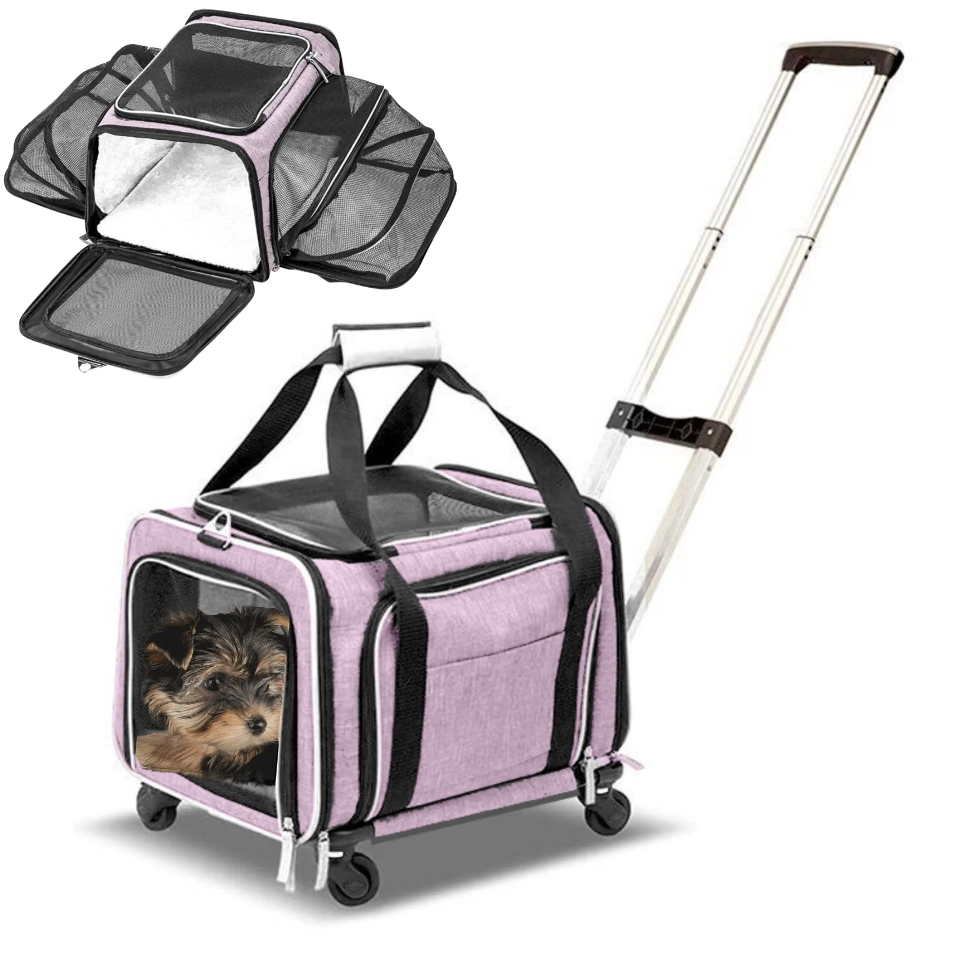Official RUFF LIFE 101 Airline- Expandable Pet Carrier on Wheels – Two-Sided Pink Luxury