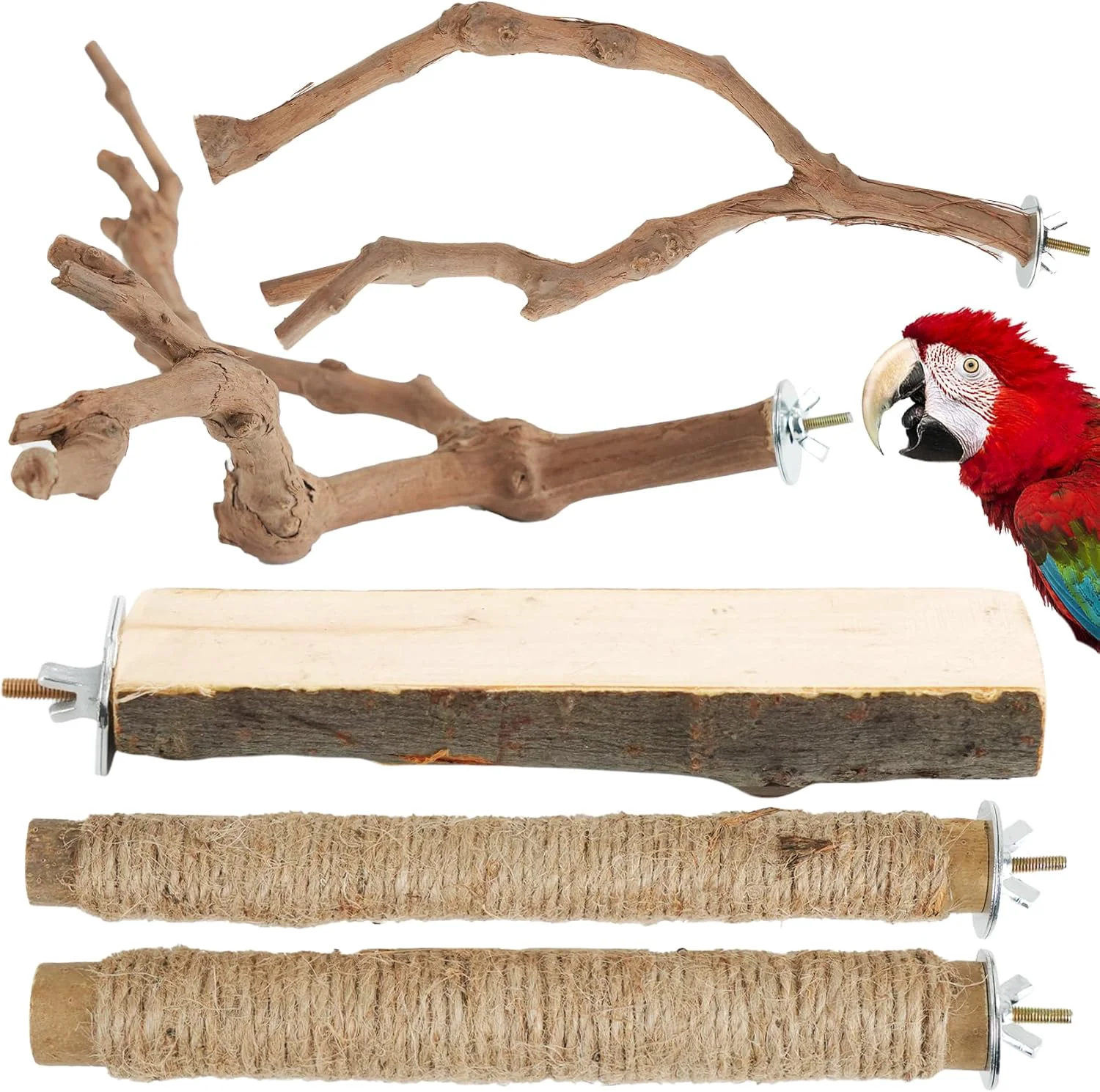 Fast Bird Perch Stand Pole Standing Natural Wood Bird Perch Set 5PCS Paw Grinding Fork Parrot Cage Branch with Rope for Macaw African Grey Amazon Pet Medium Birds Cage Accessories Lightweight