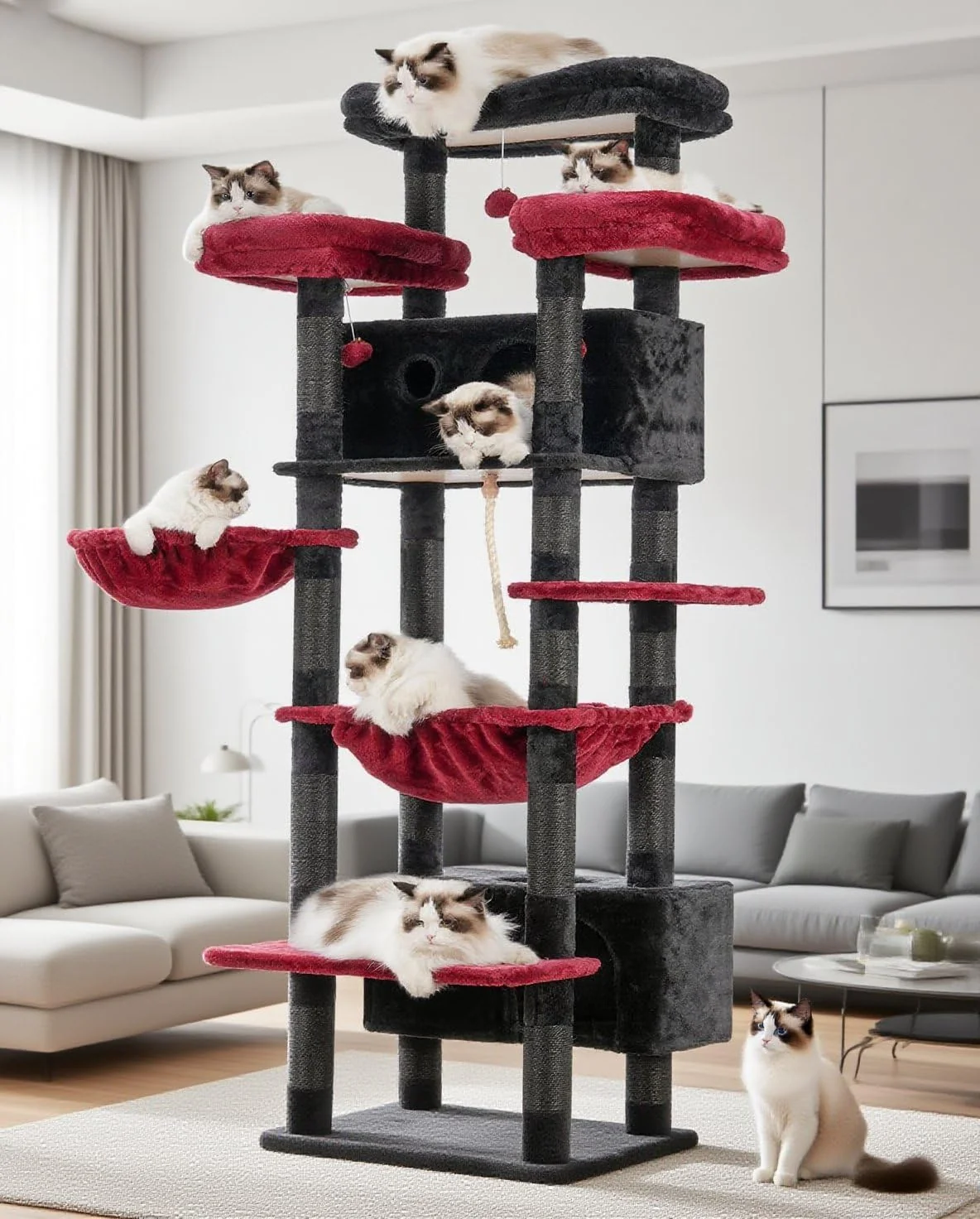 Exclusive Gitelsnour Cat Tree for Indoor Cats - Large 74-inch Cat Tower with 3 Platforms 2 Baskets 2 Condos Black Red User-Friendly