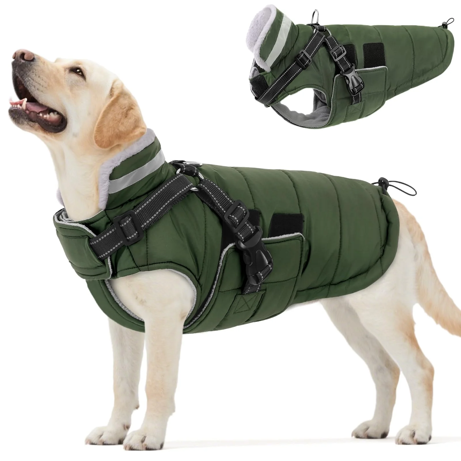 Fine Crafted Queenmore Winter Dog Jacket XXL - Waterproof Harness Coat for Large Dogs Green Fast