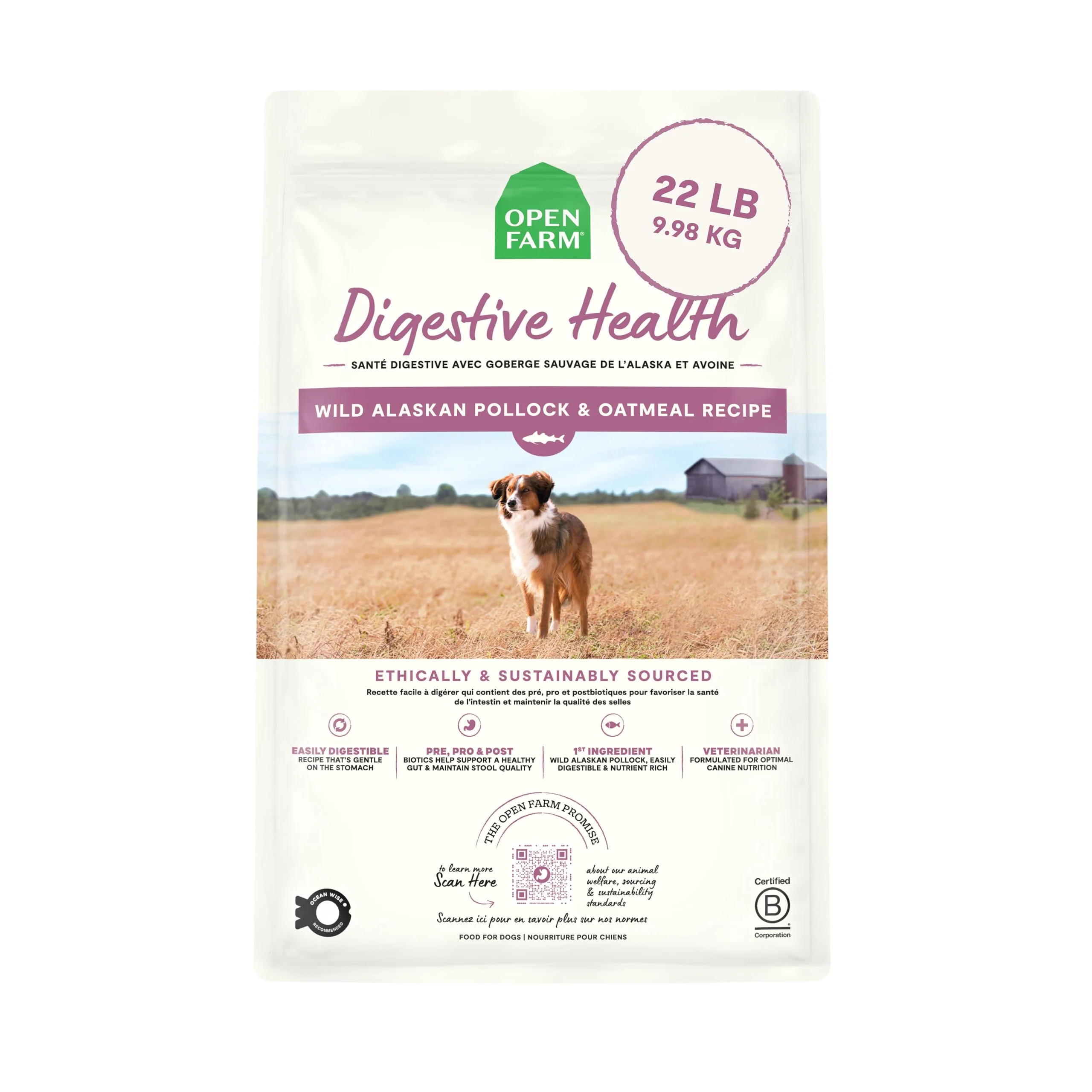 High-End Open Farm Digestive Health Dog Food — Wild Alaskan Pollock Oatmeal 22lb Prestigious