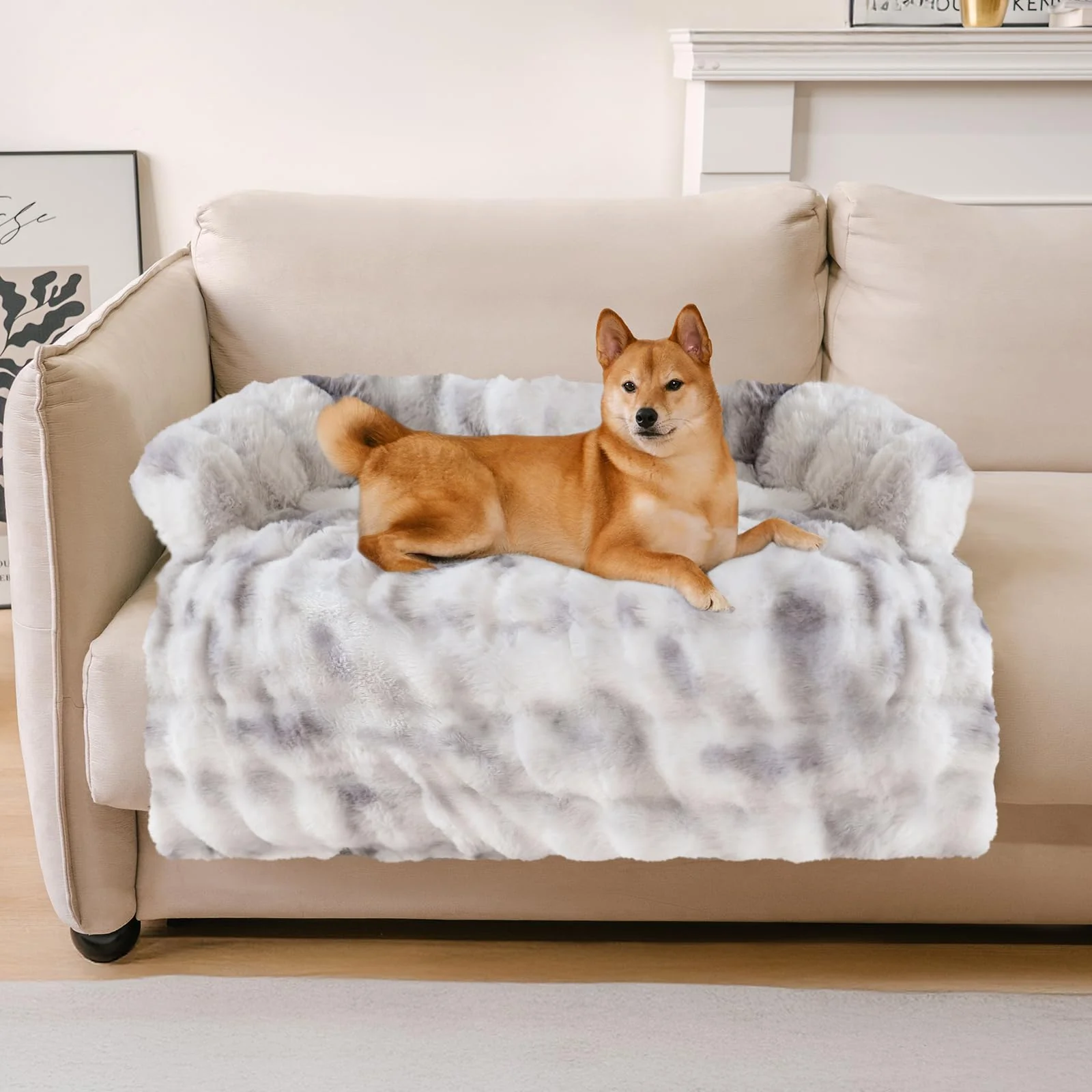 Elegant Funny Fuzzy Pet Calming Dog Couch Bed Sofa Protector — Washable Tie-Dye Grey 37.4×33.46×6.3 in Specialty
