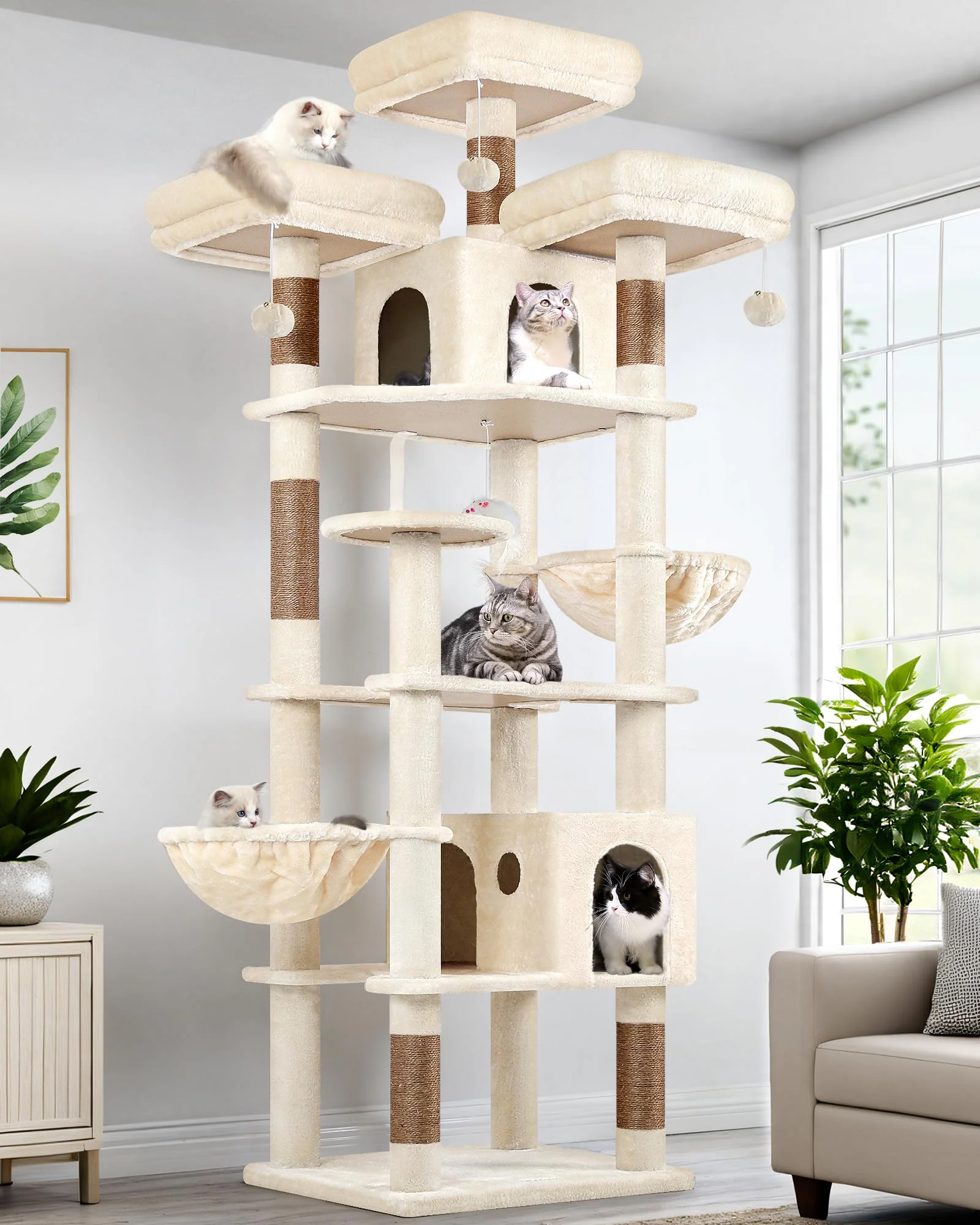 Original Design Globlazer 82-Inch XXL Cat Tree Tower for Multiple Cats Indoor Tower with Scratching Post 3 Perches 2 Condos 2 Hanging Baskets Versatile