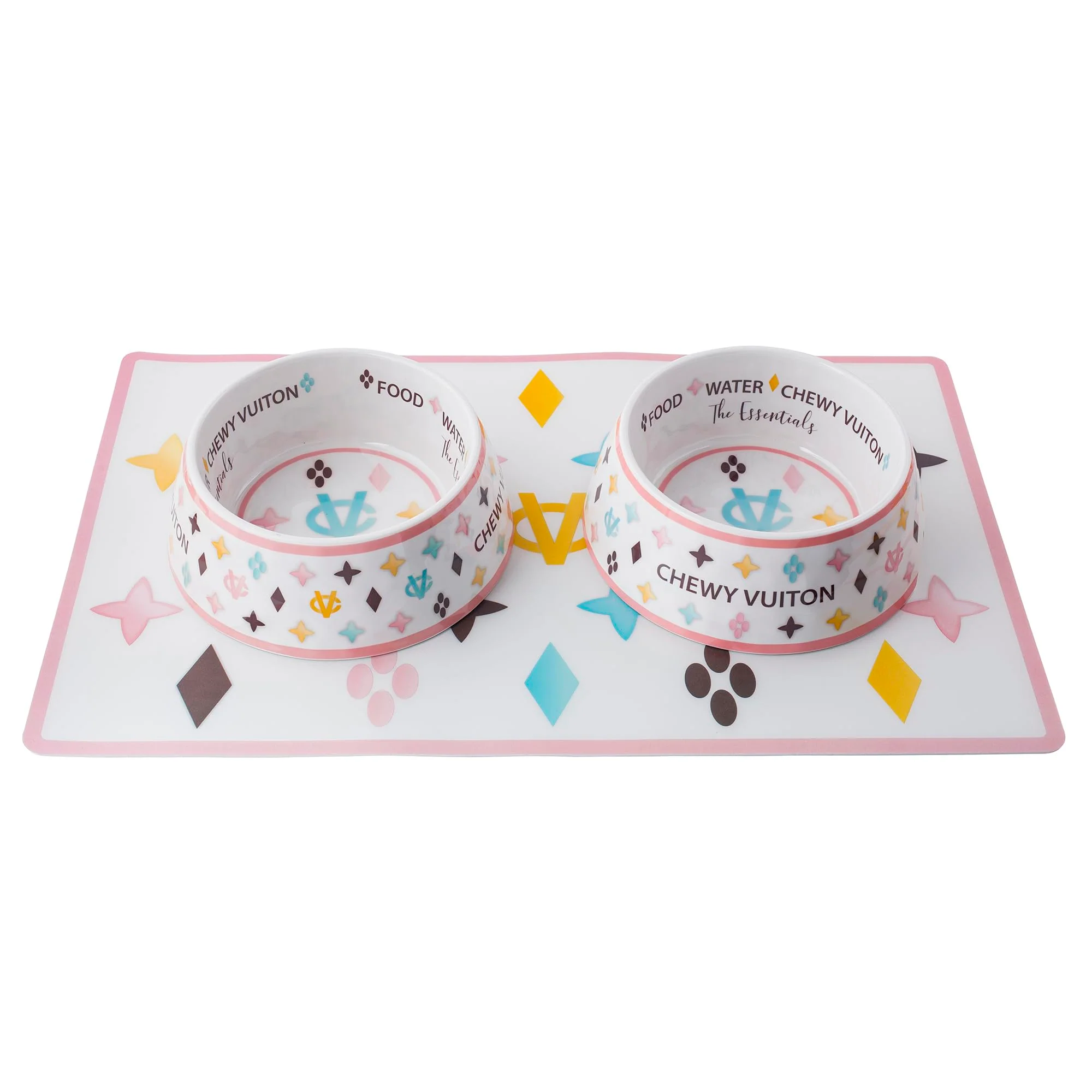 Fashionable Haute Diggity Dog White Chewy Vuiton Bowls Placemat - Small BPA- Non-Skid Dishwasher Safe Case of 2 Contemporary