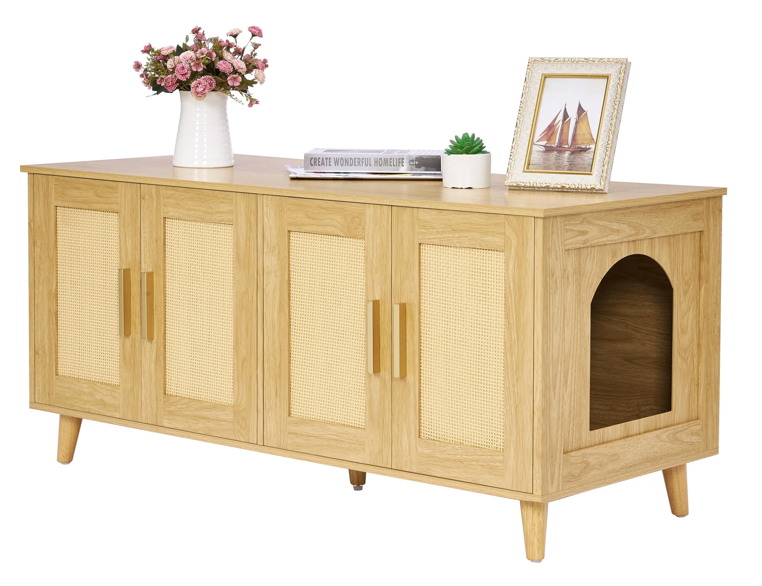 Responsible Homhedy Boho Cat Litter Box Enclosure for 2 Cats – Natural Wood Pet House Innovative