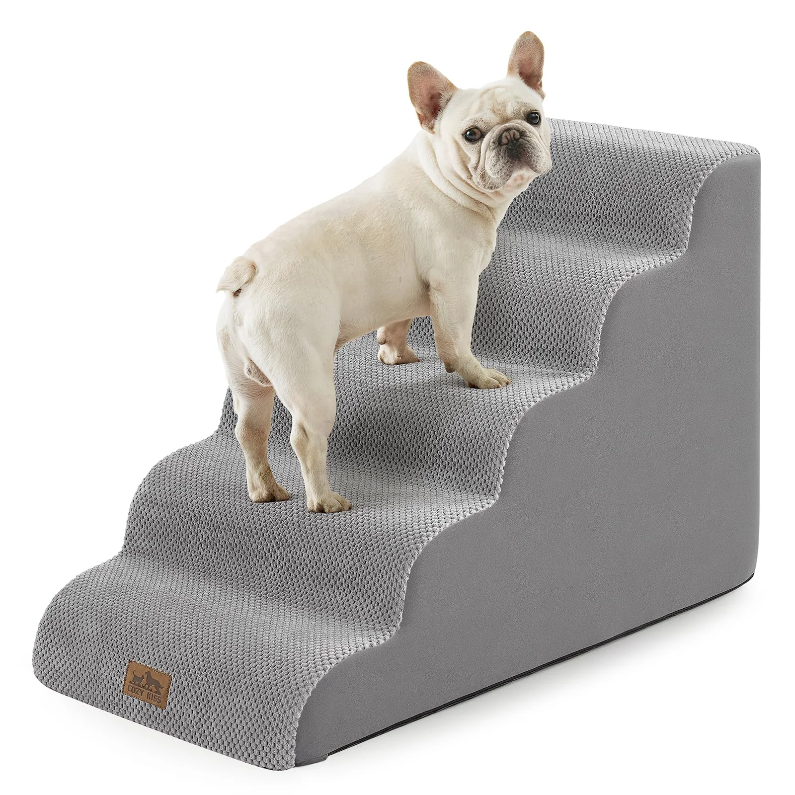 Healthy COZY KISS Dog Stairs for Small Dogs - 5-Step Curved Ramp High-Density Foam Grey Optimized