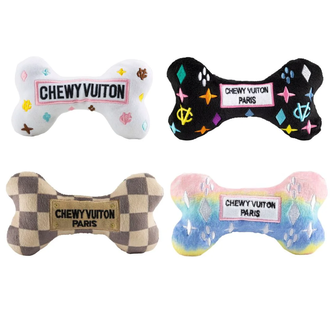 Superior Haute Diggity Dog Medium Chewy Vuiton Bones – 4-Pack Plush Designer-Inspired Dog Toys Recyclable