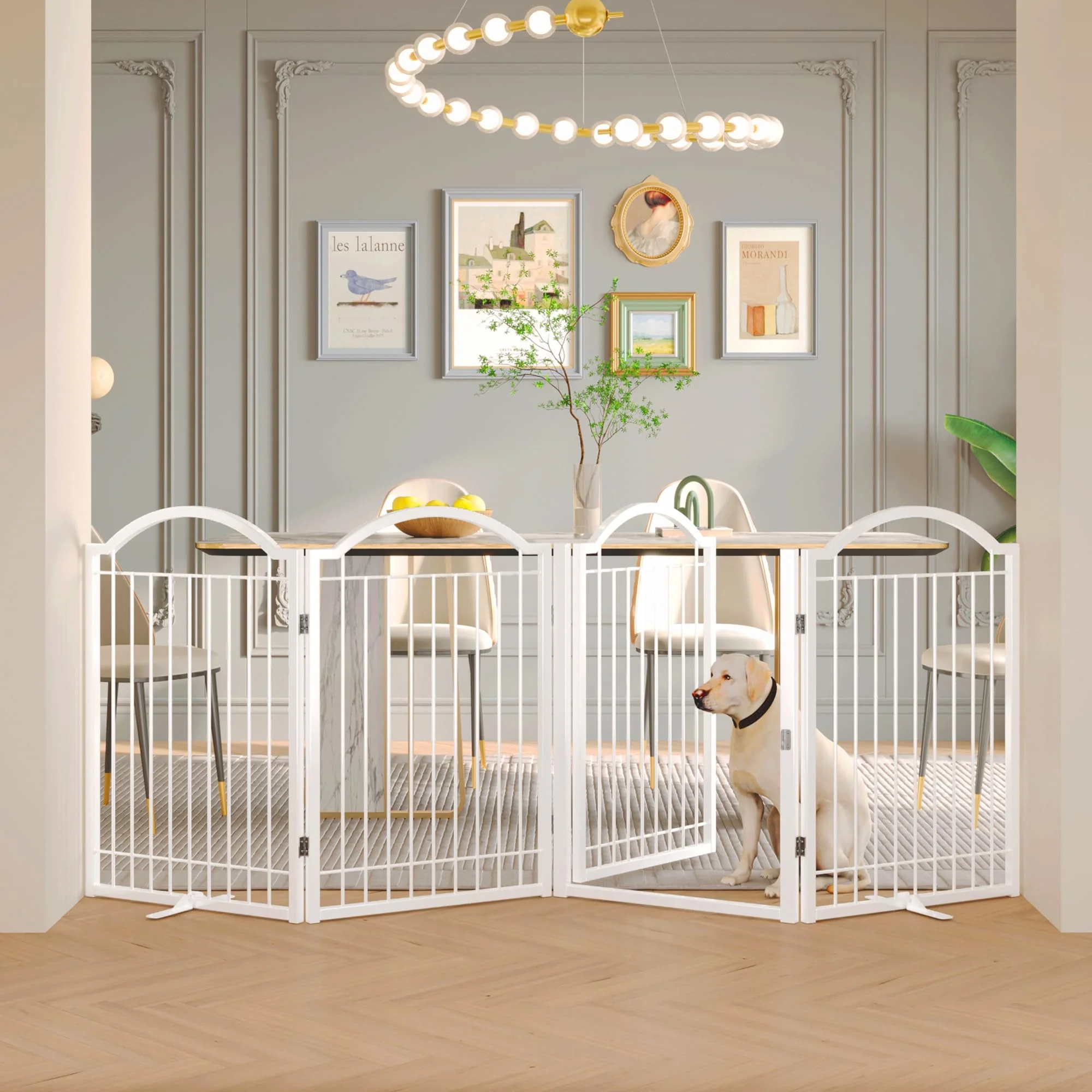 Relaxed BHG Metal No-Assembly standing Dog Gate with Door Walk-Through - Extra Wide 96-inch Extra Tall 32-inch White Convenient
