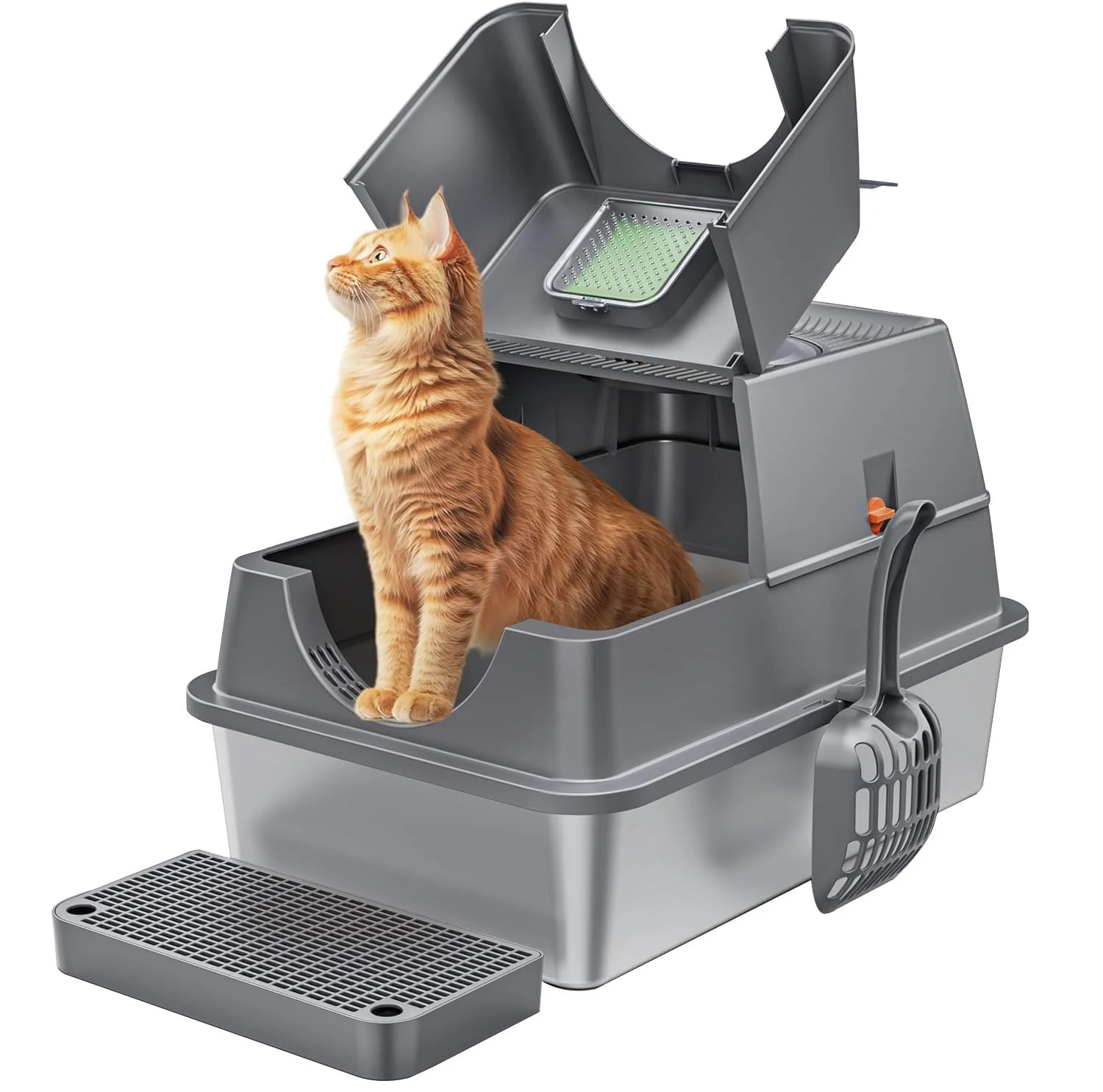 Natural Aoktech Stainless Steel Litter Box with Lid — Large Enclosed High-Sided Front Top Entry Sophisticated
