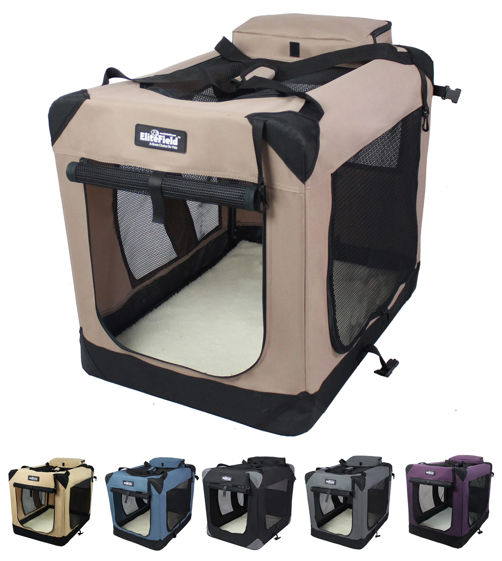 Outstanding EliteField 3-Door Folding Soft Dog Crate with Fleece Bed – Portable Indoor Outdoor Khaki 24x18x21 Safe