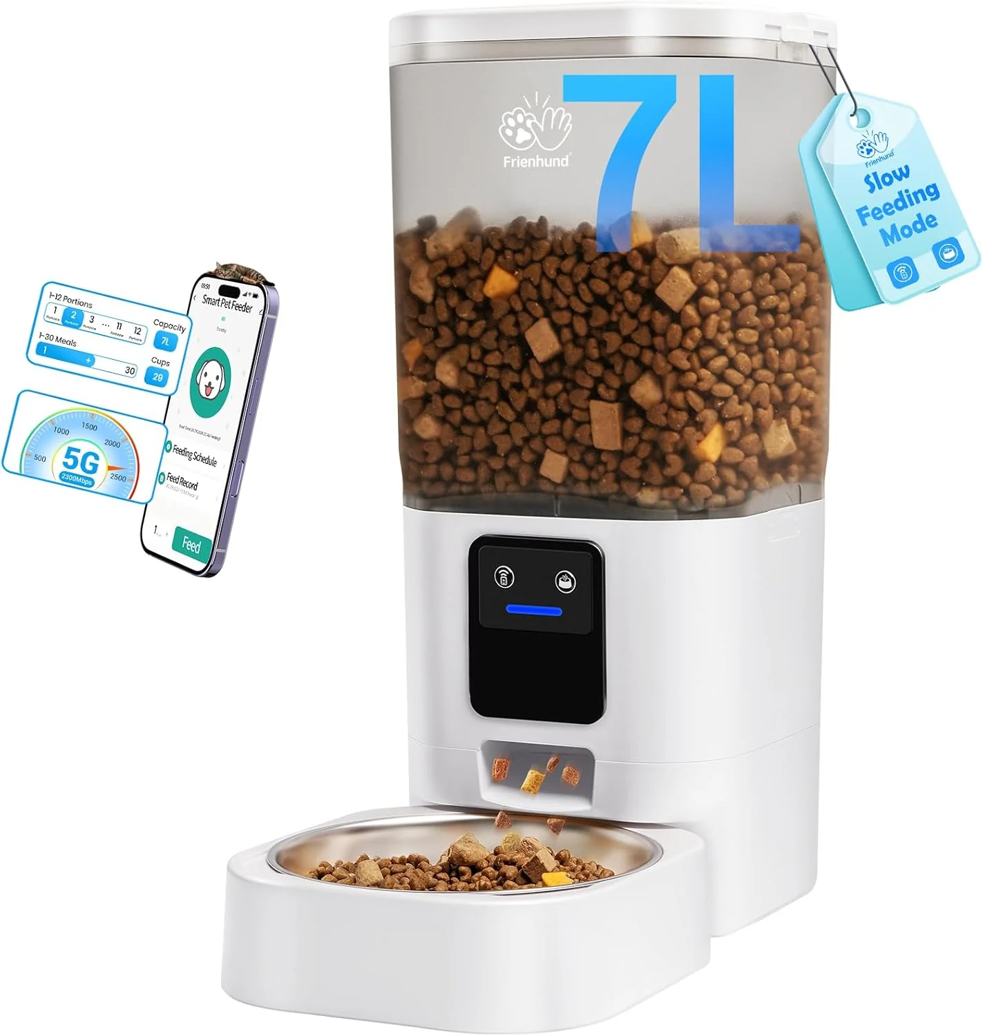 Natural Automatic Cat Feeder with Slow Feed 5G WiFi Automatic Dog Feeder with Smart APP Control Auto Cat Food Dispenser with Alexa for Multiple Pets Detachable for Easy Cleaning - 29 Cup（7L） Fine