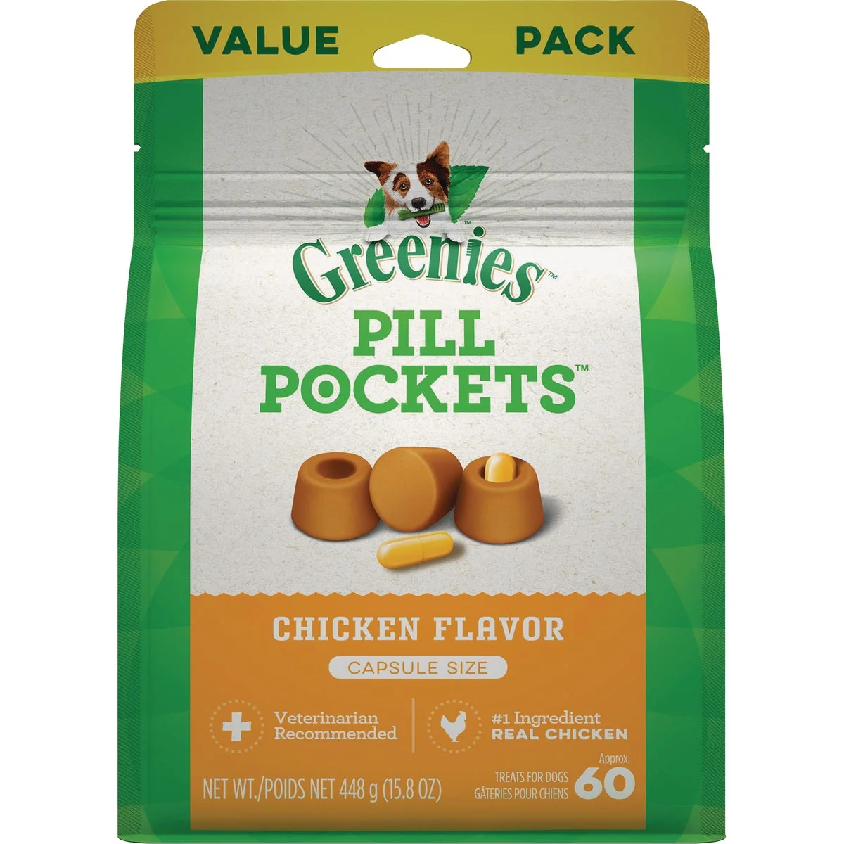 Modern Greenies Capsule Pill Pockets Chicken Flavor Chewy Dog Treat 60-Pack Solid