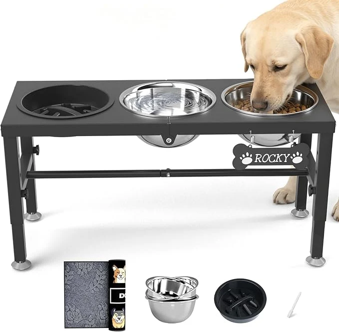 Functional 3-in-1 Slow Feeder Dog Bowl Stand d Raised Feeder with 1 Slow Feed 3 Stainless Steel Bowls Iron Stand Custom Name Plate Mat - Easy Clean for Fast Eaters Multiple DogsAbout ThisOverview Modern