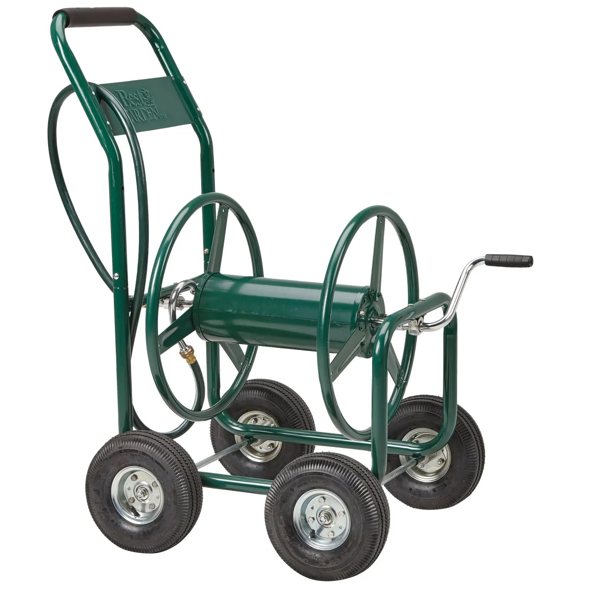 High-End Garden 300 Ft. x 5 8 In. Green Metal 4-Wheel Portable Hose Reel Secure
