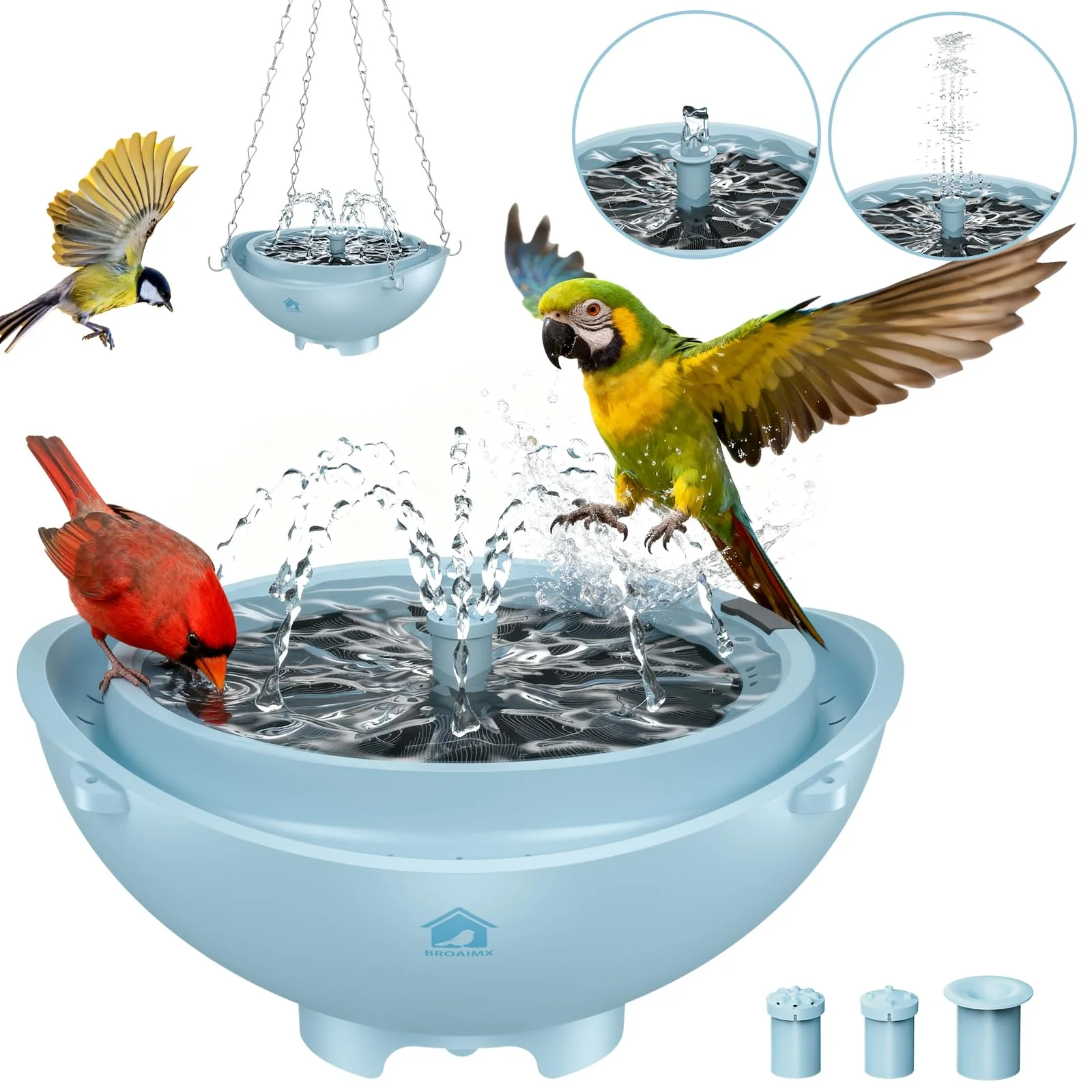 Fashionable BROAIMX Solar Powered Bird Bath Fountain with Built-in Battery — 3 Nozzles Low-Water Protection 2L Capacity Long-Lasting