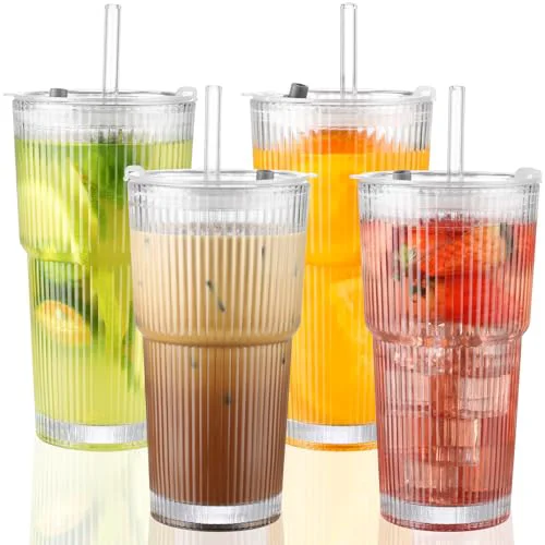 Specialty 20 oz Glass Cups with Lid and Straw 4 Set 4 Count Genuine