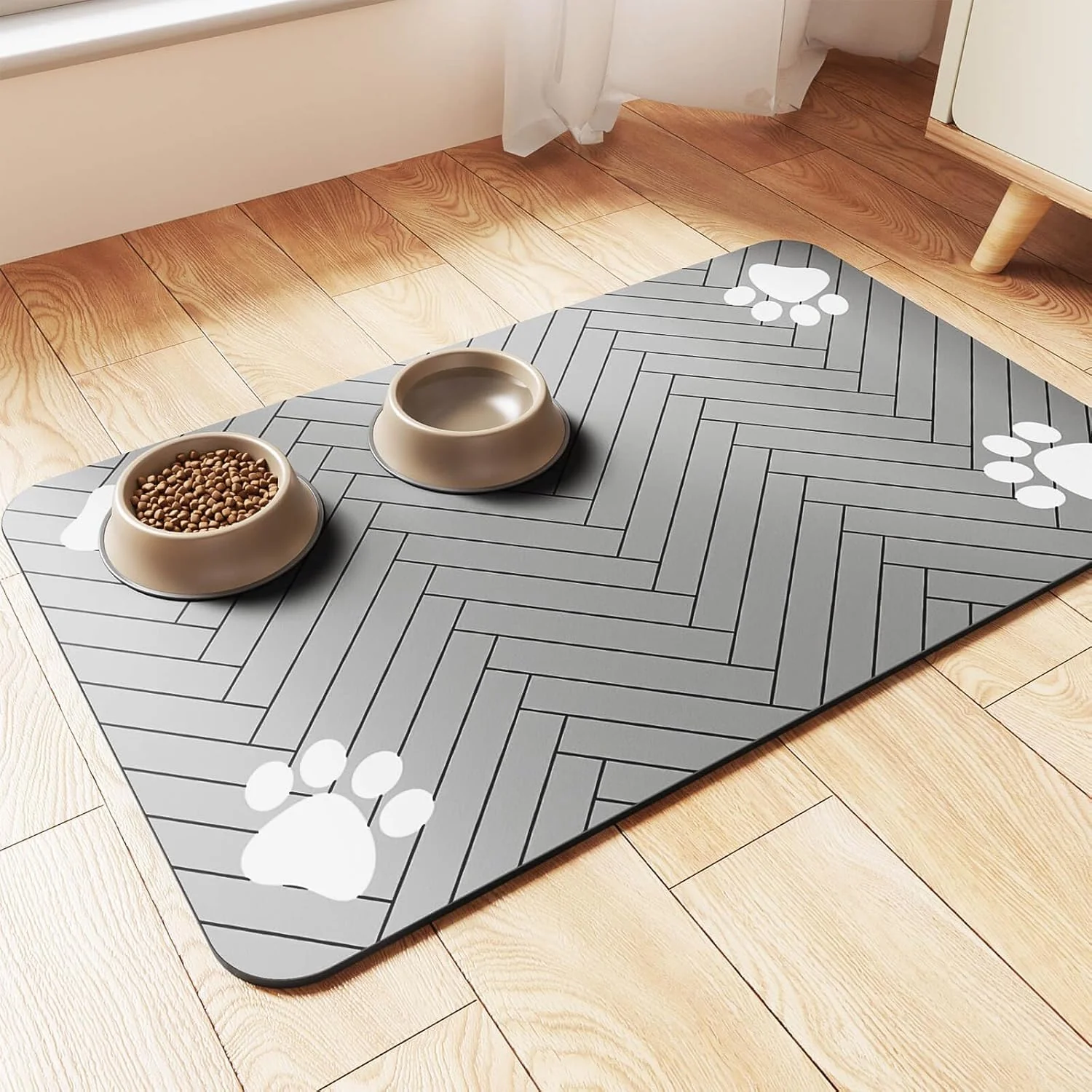 Prestigious Pet Feeding Mat-Absorbent Pet Placemat for Food and Water Bowl with Waterproof Rubber Backing Quick Dry Water Dispenser Mat for Dog and Cat 12 x20 Striped Light Gray Exclusive