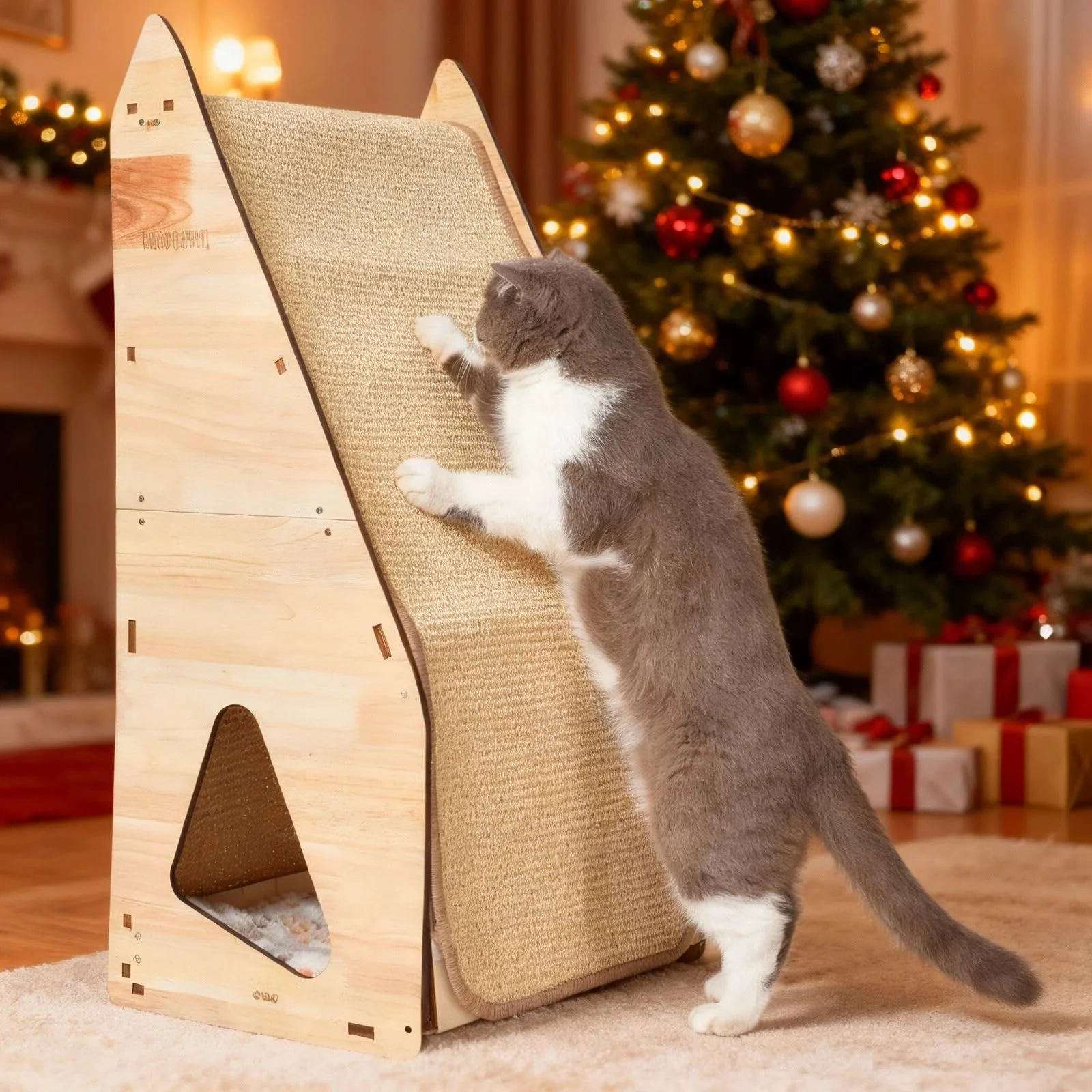 Professional FIVLOCCEN Enhanced Wood-Framed Cat Scratching Post — Large 32in Sisal Scratcher with Hideaway Tunnel Solid