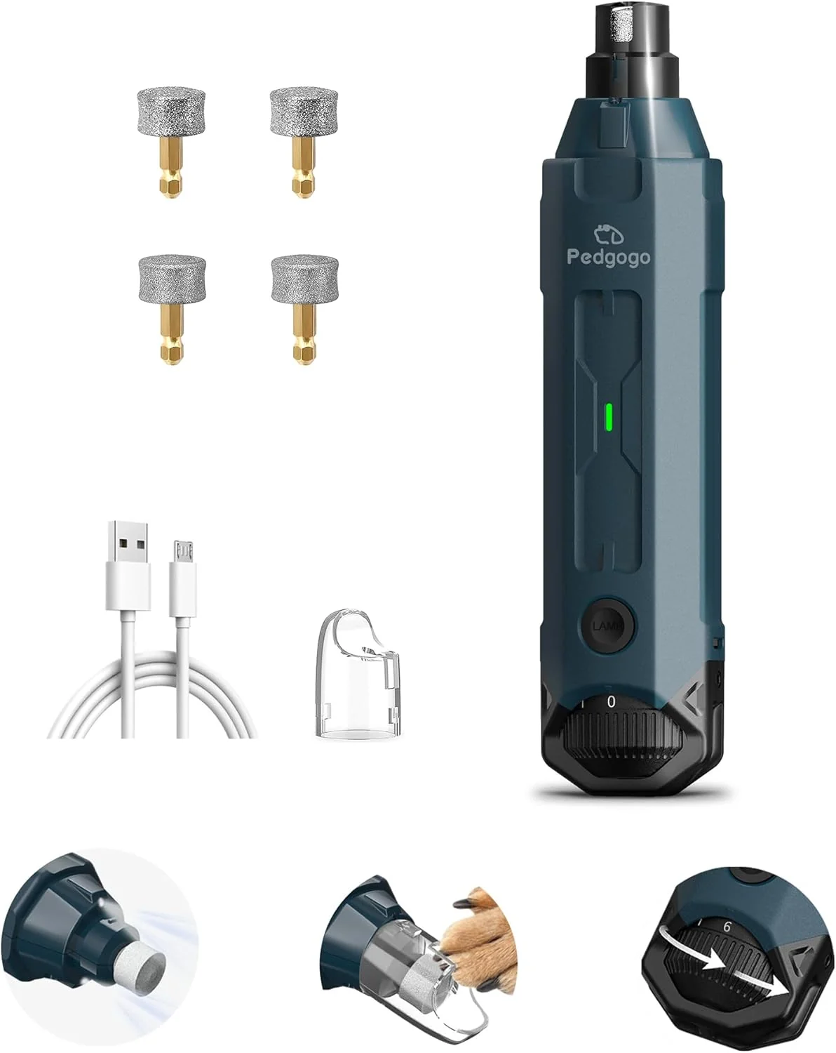 Fine Dog Nail Grinder Super Quiet 45 db 6-Speed Pet Nail Grinder with 2 LED Lights 12000RPM 3 Grinding Ports 4 Extra Grinding Heads with Dust Cap Dog Nail Trimmer for Large Medium Small Dogs Selected
