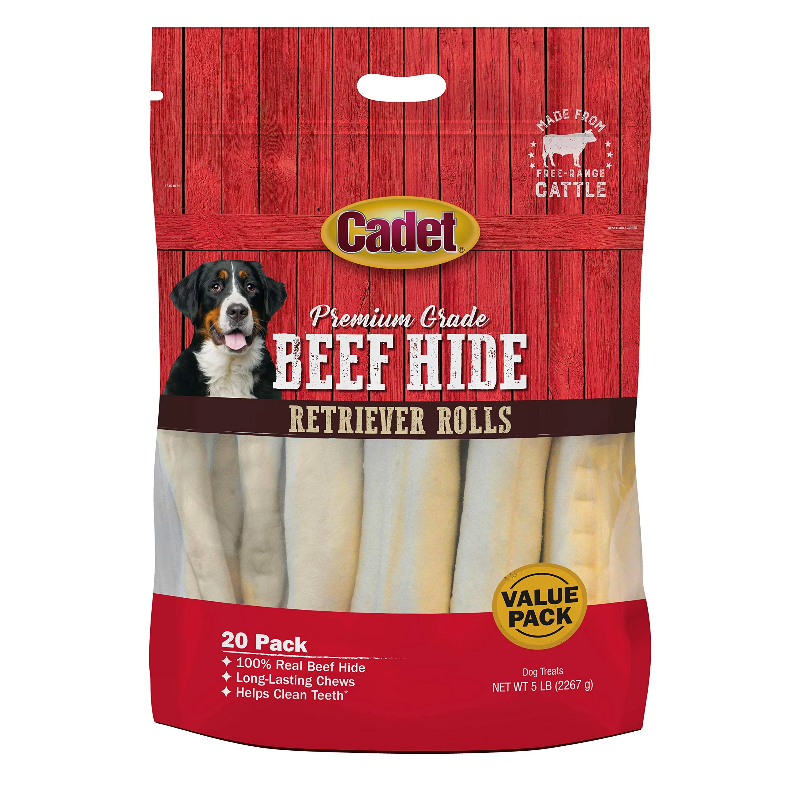 Natural Cadet Premium Beef Hide Retriever Rolls for Dogs — 20 Pack 5 Pounds Reusable
