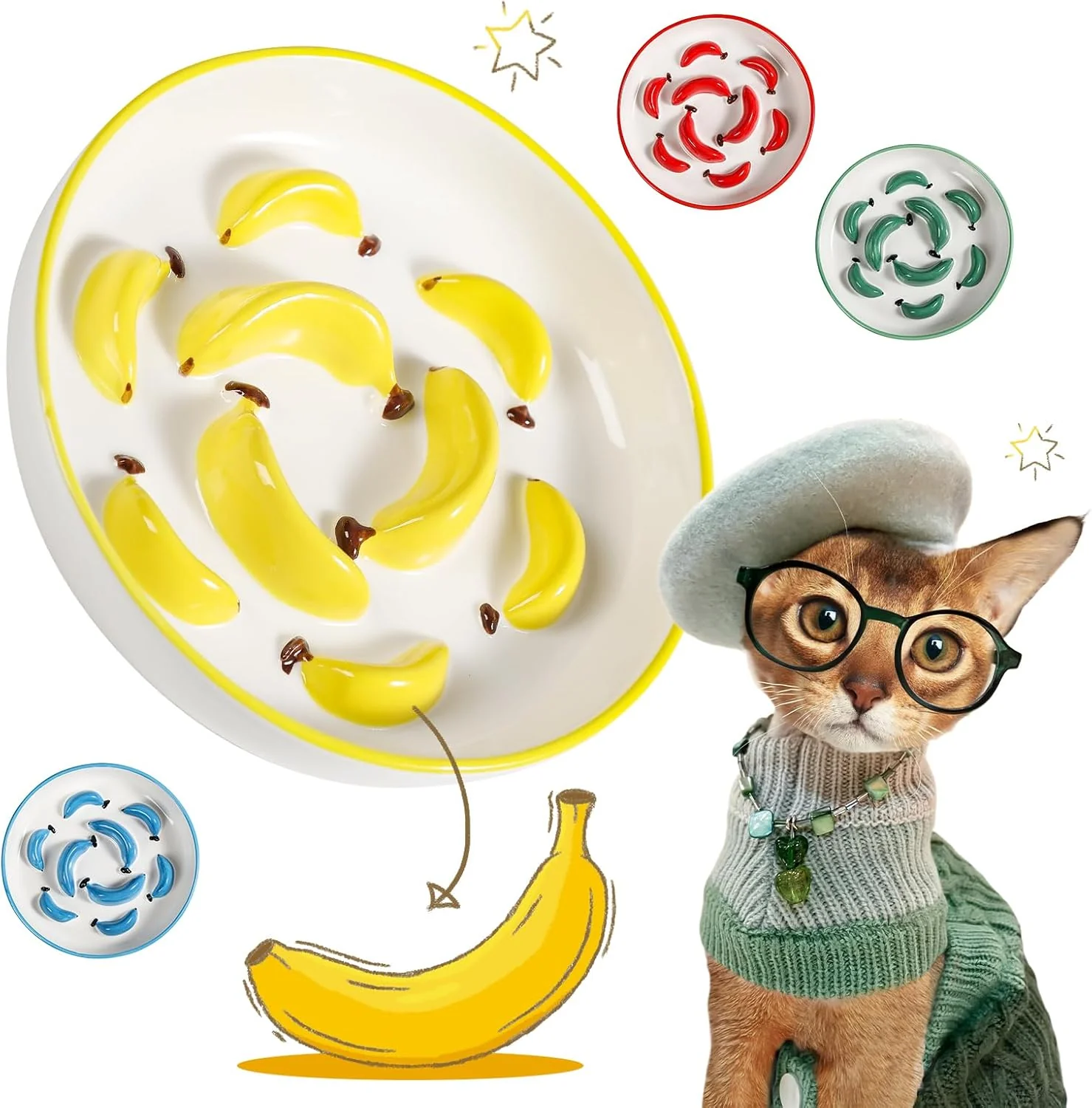 Lightweight Ceramic Cat Slow Feeder Bowl - Vibrant Cat Feeding Bowl - Cute Maze Food Dish for Slow Eating - Dishwasher Safe - 6.3''W x 1.2''H - 7 OZ - Yellow Outstanding