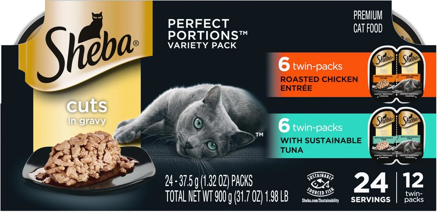 Professional Sheba Portions Wet Cat Food Cuts in Gravy Variety Pack Roasted Chicken Entree and with Sustainable Tuna 2.6 oz. Twin-Pack Trays 12 Count 24 Servings Specialty