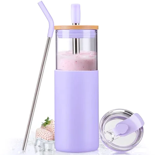 Clean 24oz Glass Tumbler with Lids and Straws Official