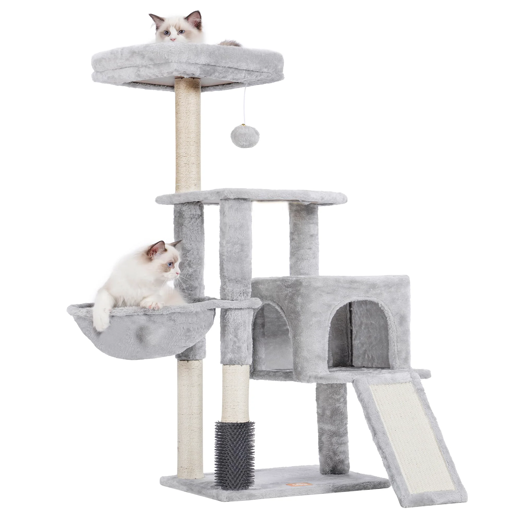 Powerful Heybly Cat Tree with Self-Groomer Brush - Indoor Cat Tower Plush Perch Convenient