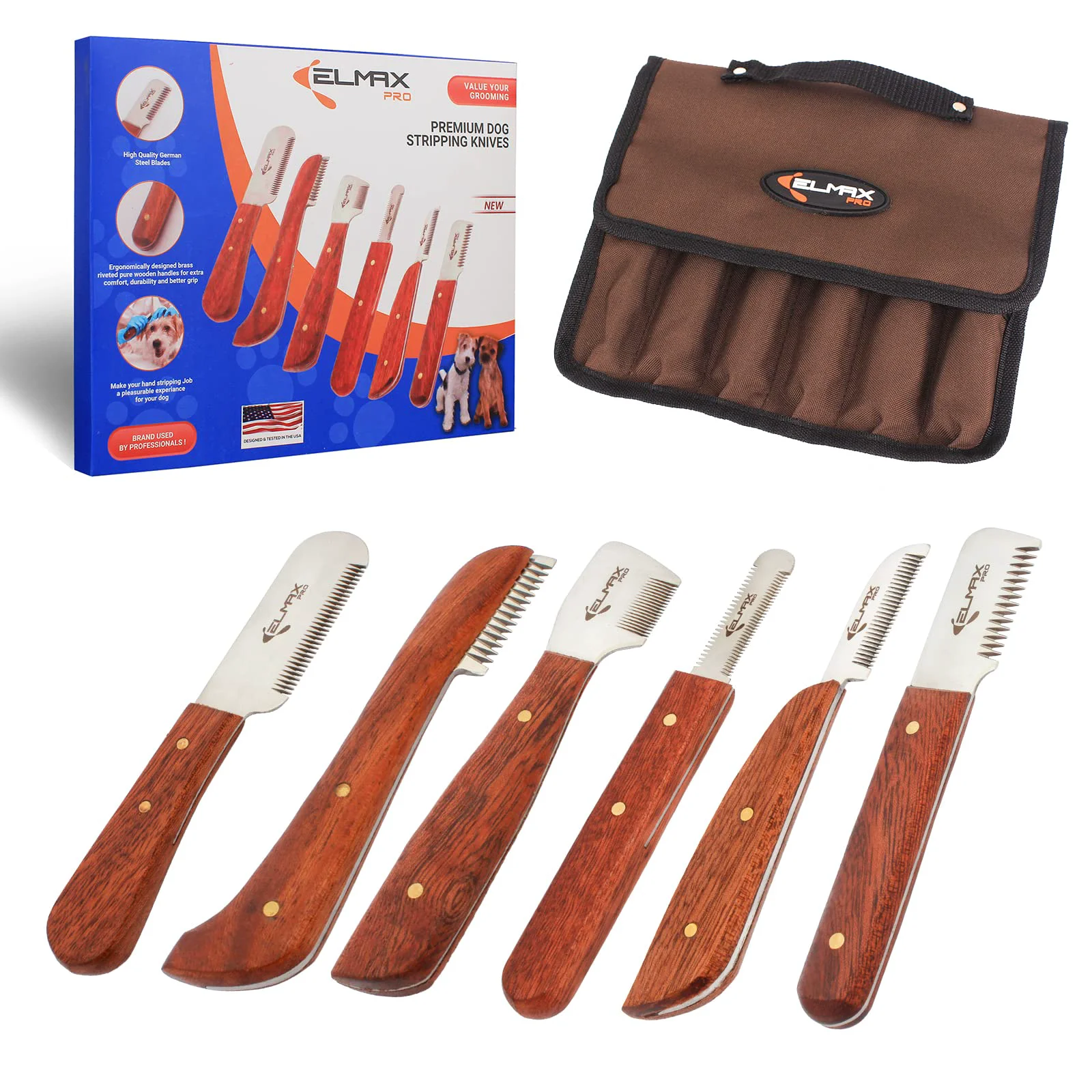 Next-Generation Elmax Pro Professional Dog Stripping Knife Set 6 Pack – Stainless Steel Blades Rosewood Handles Trendy