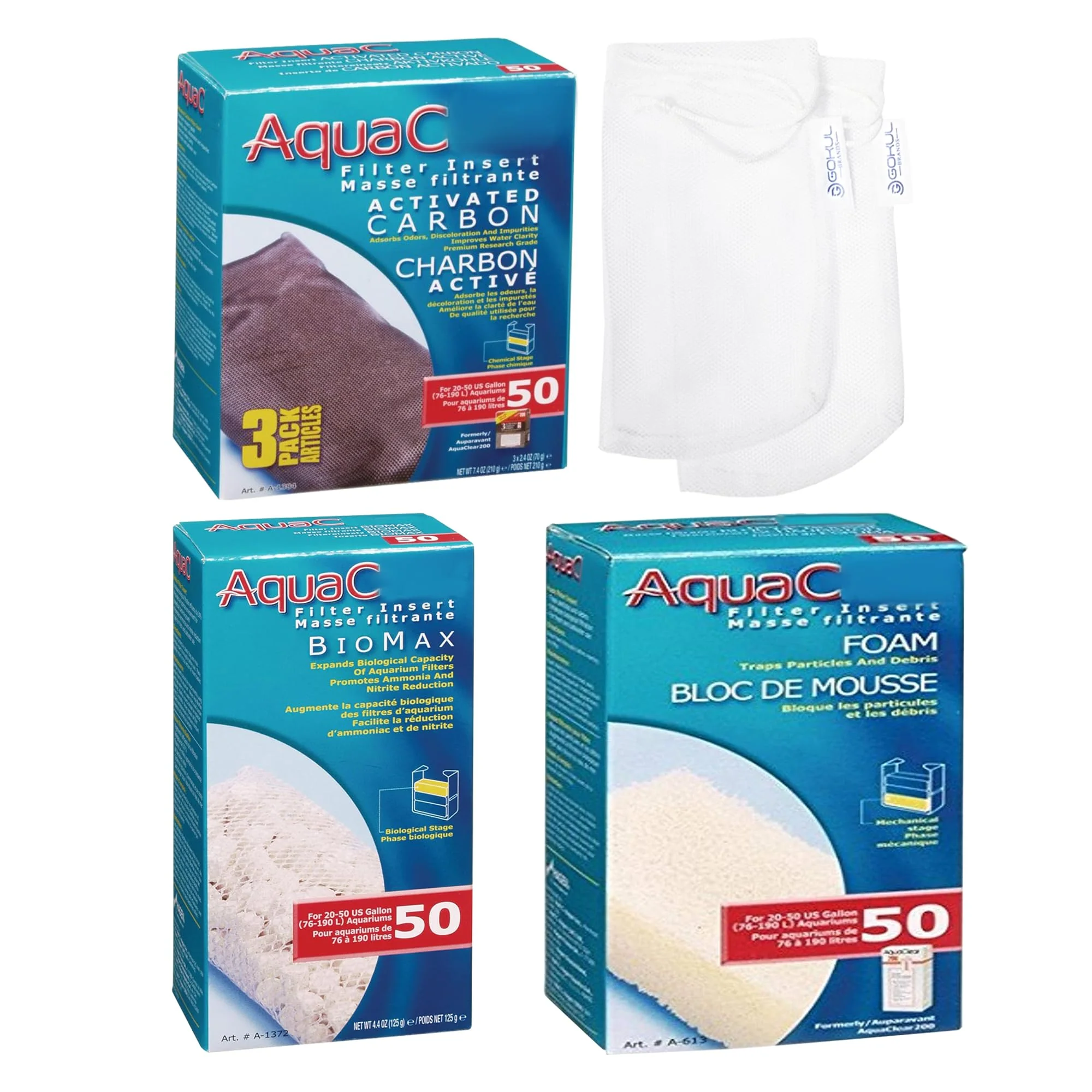 First-Class Gokul Brands AquaClear 50 HOB Maintenance Filter Media Kit Activated Carbon BioMax Foam Mesh Bags Reusable