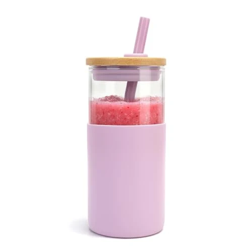 Convenient 16 oz Glass Tumbler with Lids and Straws Solid