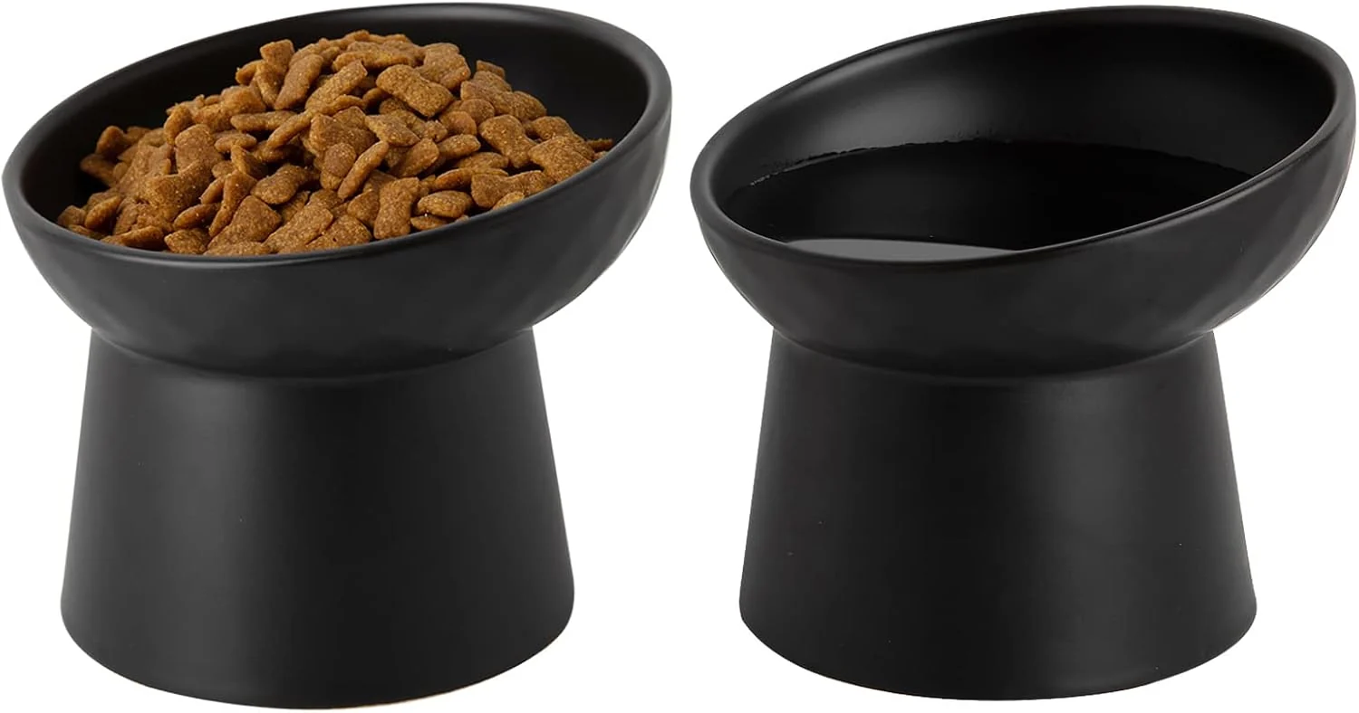 Quality Ceramic Raised Cat Bowls d Tilted Cat Food and Water Bowls Set Porcelain Stress Pet Feeder Dish for Cats and Small Dogs Dishwasher and Microwave Safe Set of 2 Black Superior
