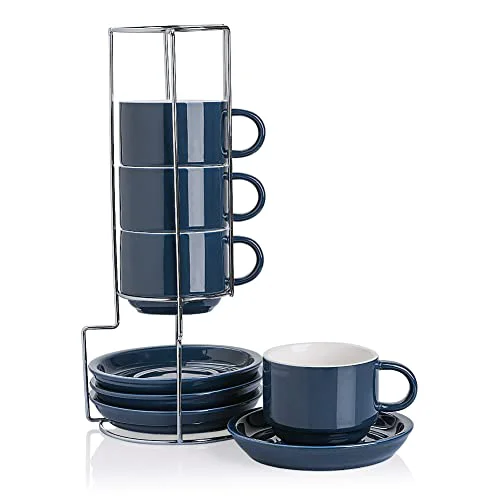 Elegant Sweejar Porcelain Cappuccino Cups with Saucers and Metal Stand 4 Count Powerful