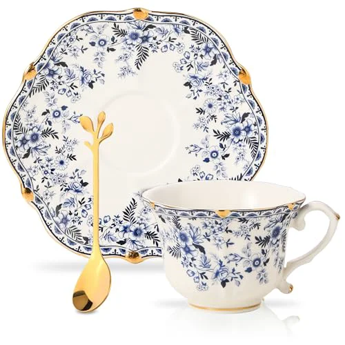 Fine Country Roses Porcelain Tea Cup and Saucer Set with Gold Trim Prestigious