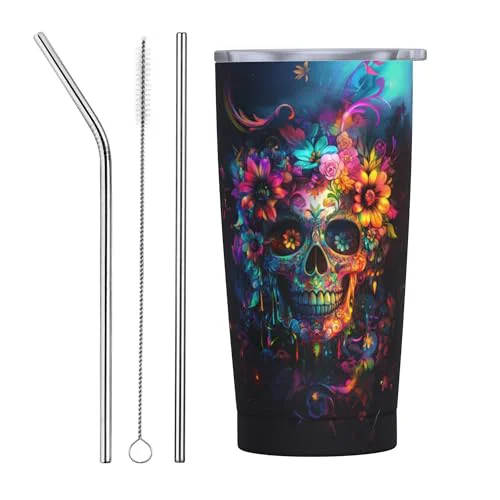 Innovative Skull Tumbler with Lid and Straw 20oz Coffee Tumblers Leakproof Stainless Steel Travel Mug Vacuum Insulated Cup for Iced and Hot 20 Count Functional